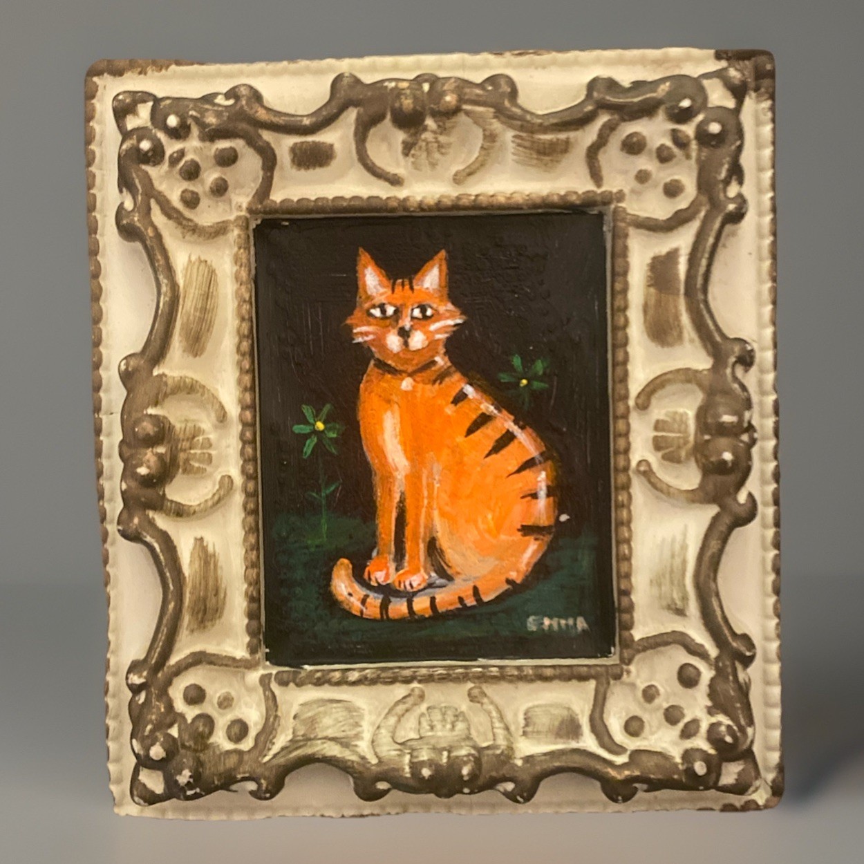 Vintage Small Orange Cat Painting Ginger Kitten 6” X 6” Original Free Ship!