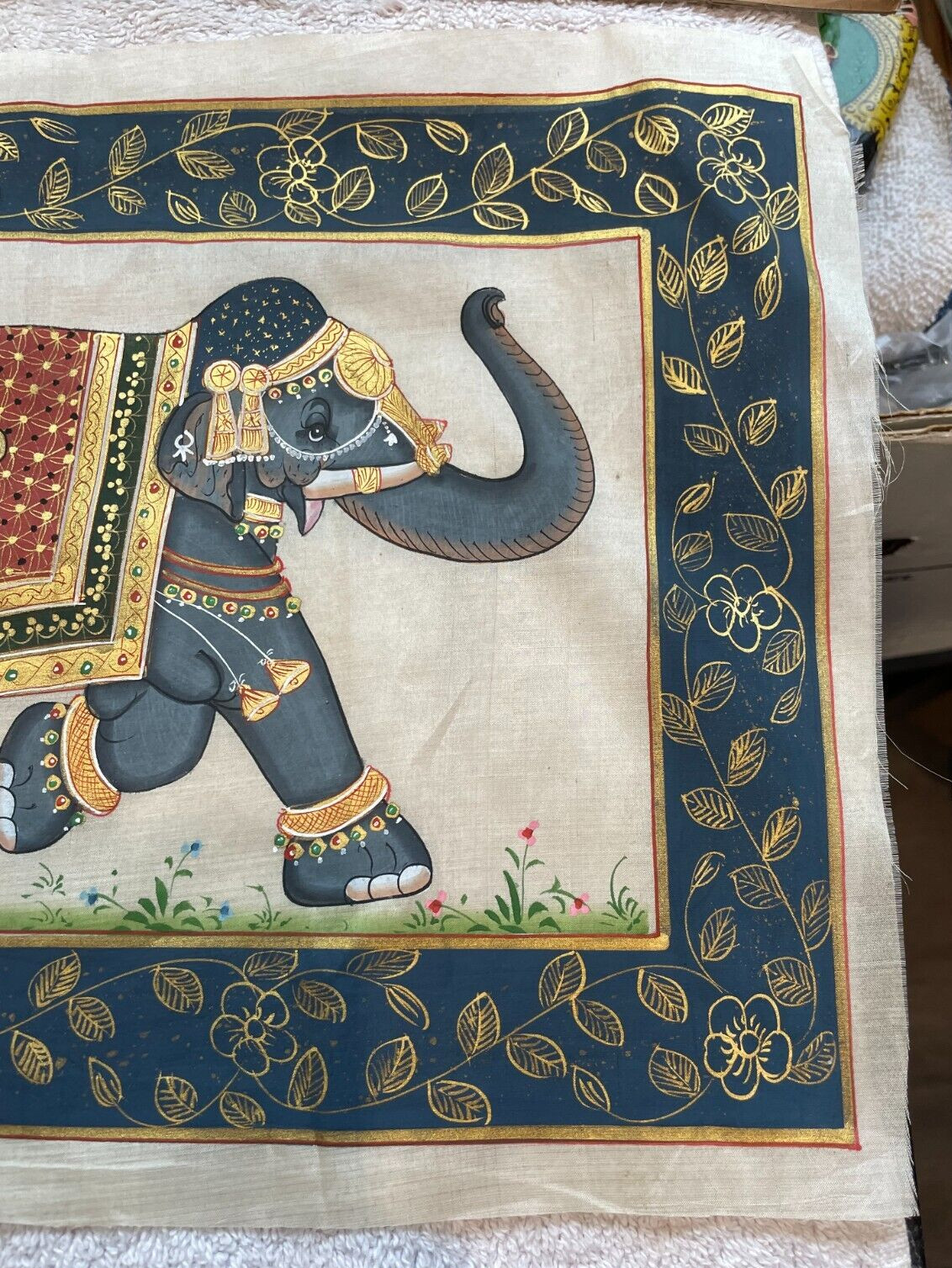 Vintage Hand Painted Asian Trunk Up Elephant on Silk Fabric Framed 10″ x 14″