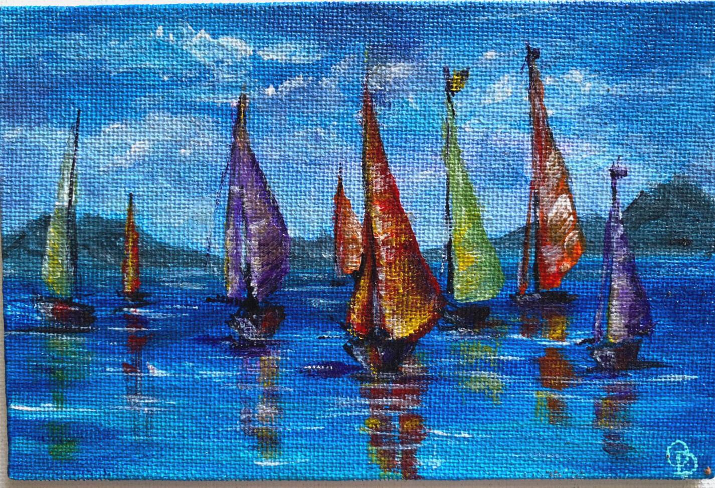 ORIGINAL Painting «SAILBOATS» SEASCAPE Acrylic 4″x6″ by Olga Diduh.