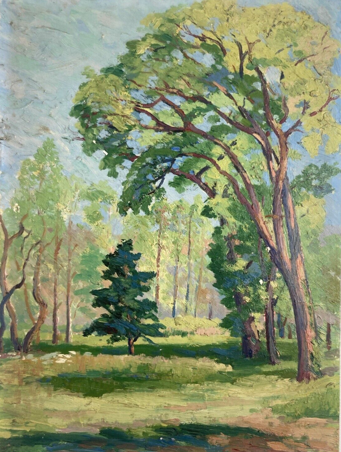 Antique Original Oil Painting Impressionist Landscape Forest Sun and Shadows