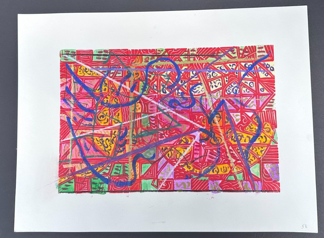 Paul Crimi Abstract Red Composition Paint Over Print 18×24