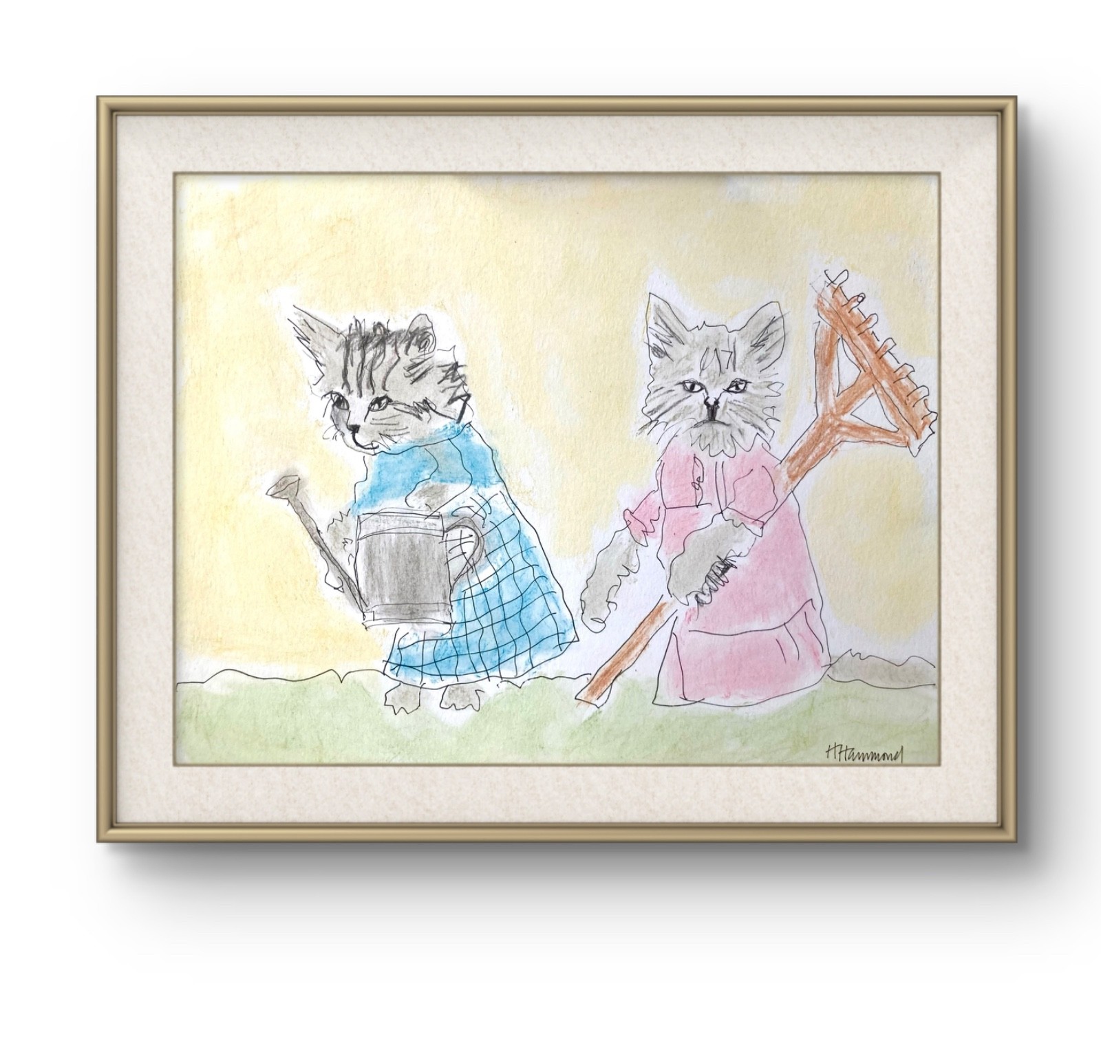 Hand Painted Contemporary Mixed Media Gardening Cats Wall Art, Holly Hammond