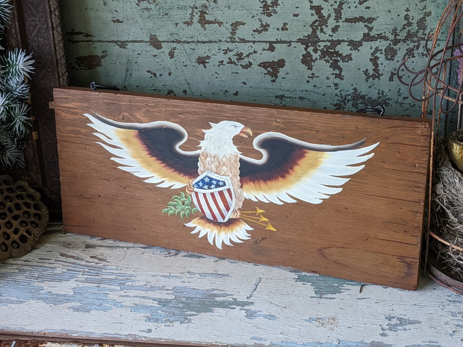 Vintage Signed American Bald Eagle Folk Art Painting on Cedar