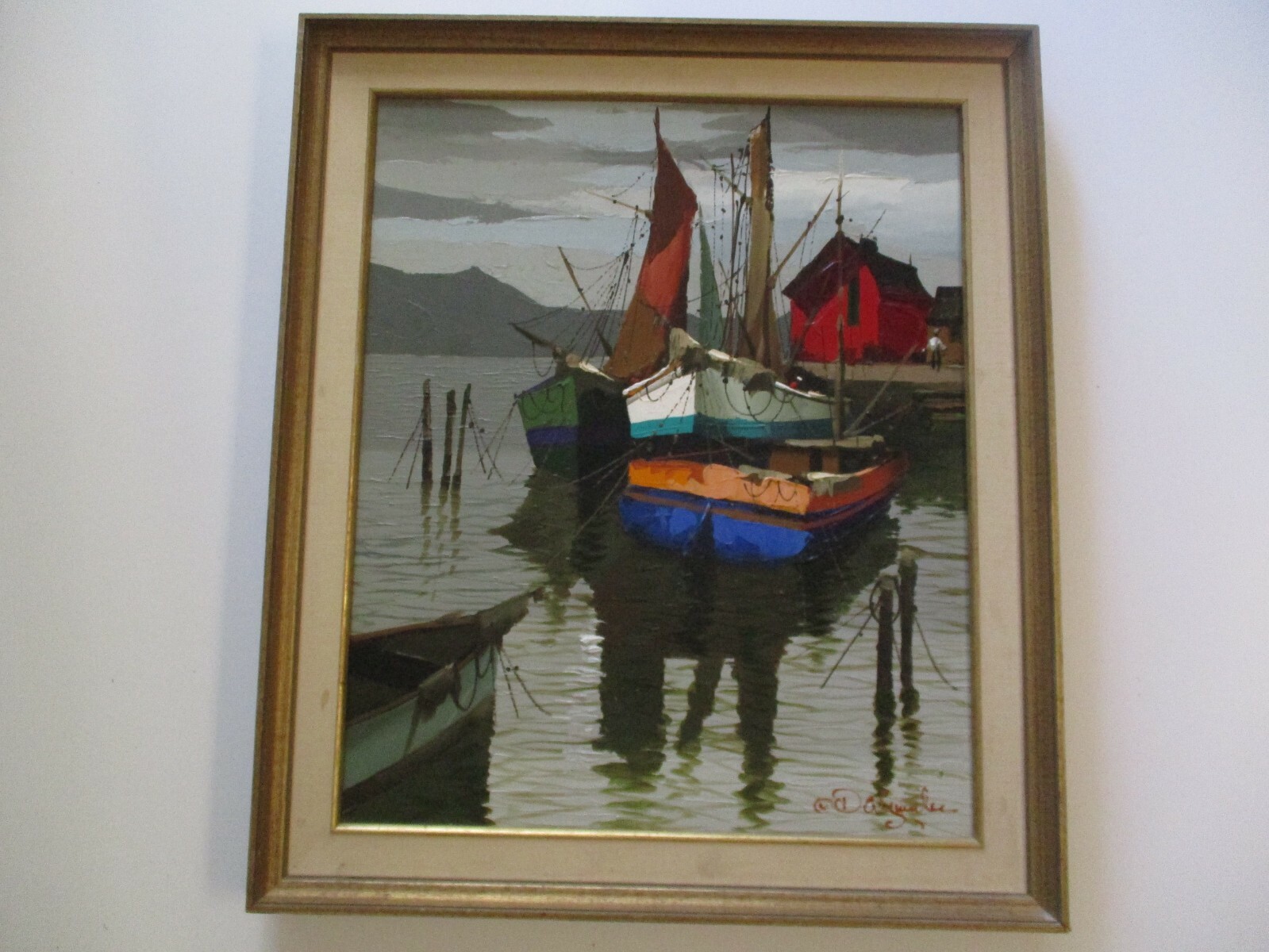 d’ALESSANDRO OIL PAINTING VINTAGE NAUTICAL MARINA FISHING BOATS IMPRESSIONISM