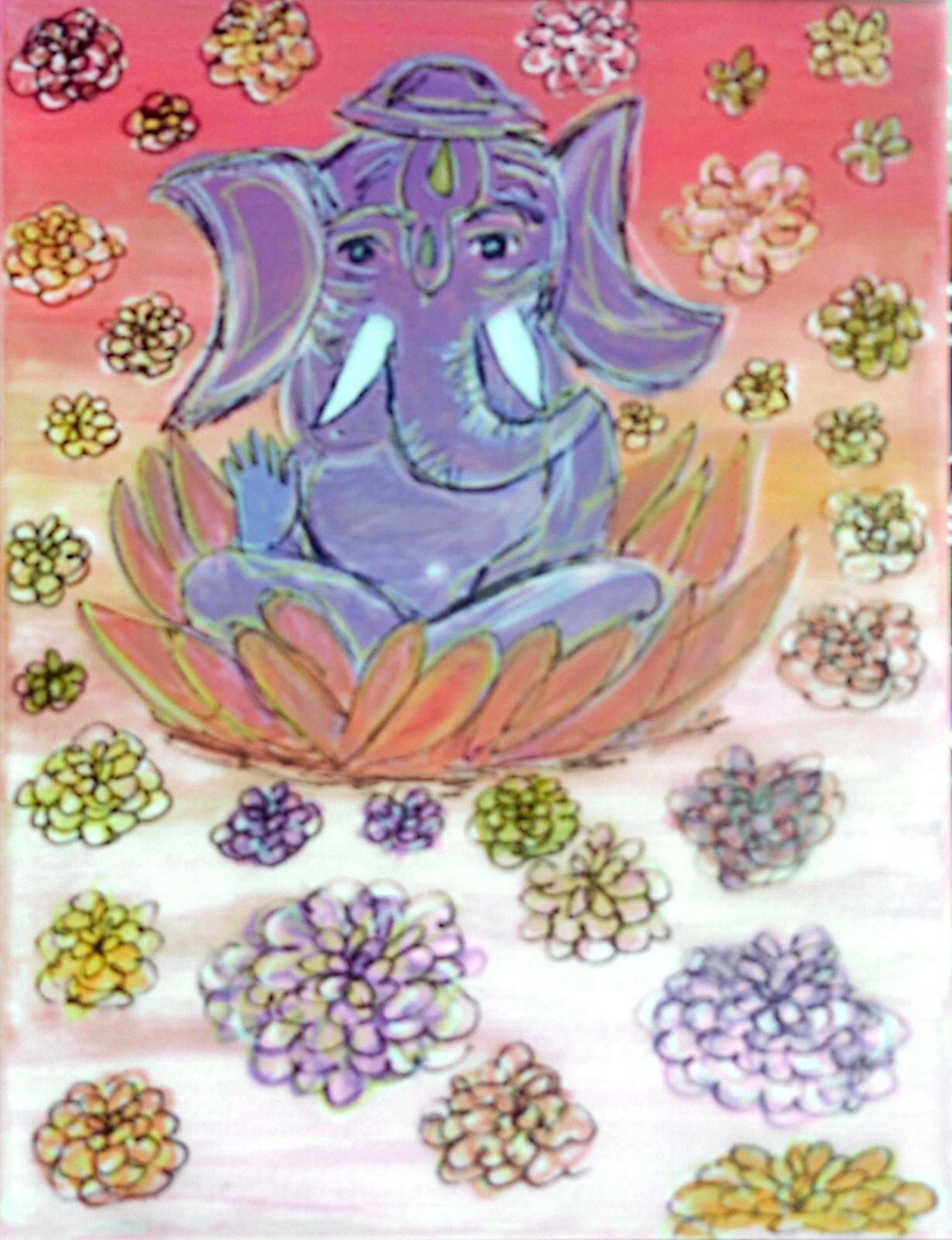 Whimsical Baby Ganesha Lotus 11×14 Original Acrylic Meditation Art