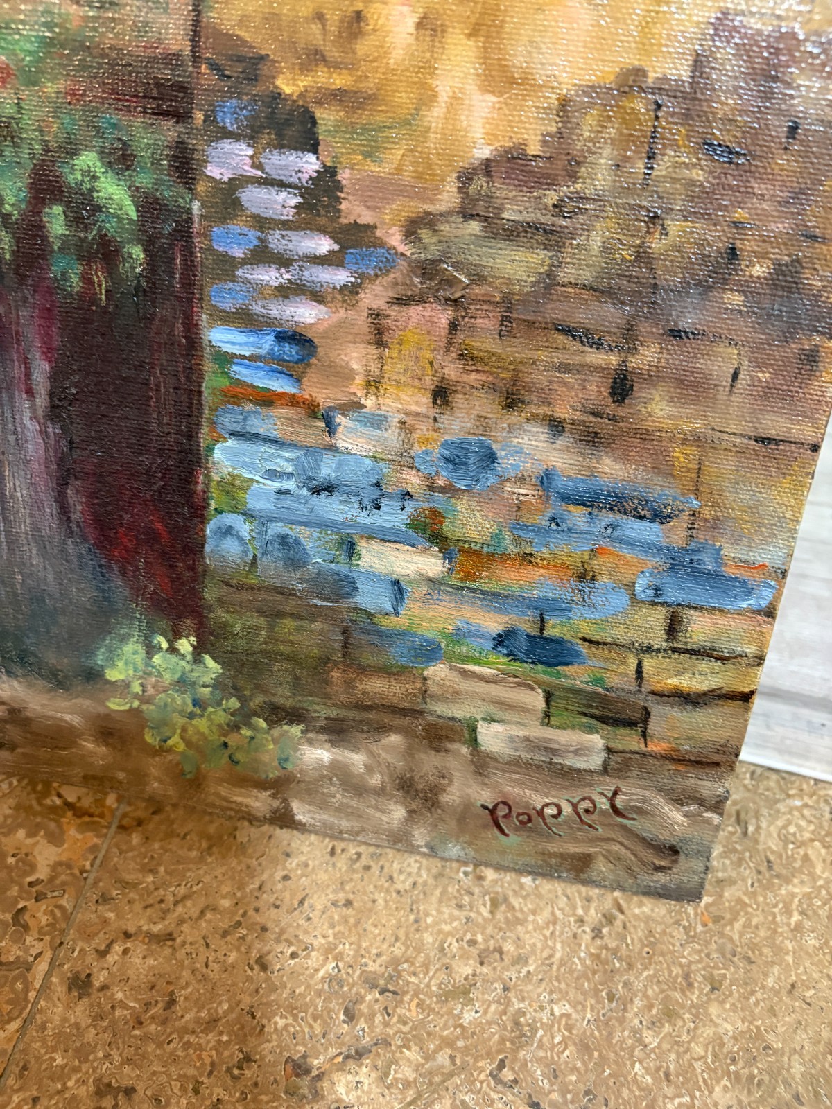 VNTG Original Oil Canvas Painting Signed 1979 Unframed Stone Brick House 16×20″