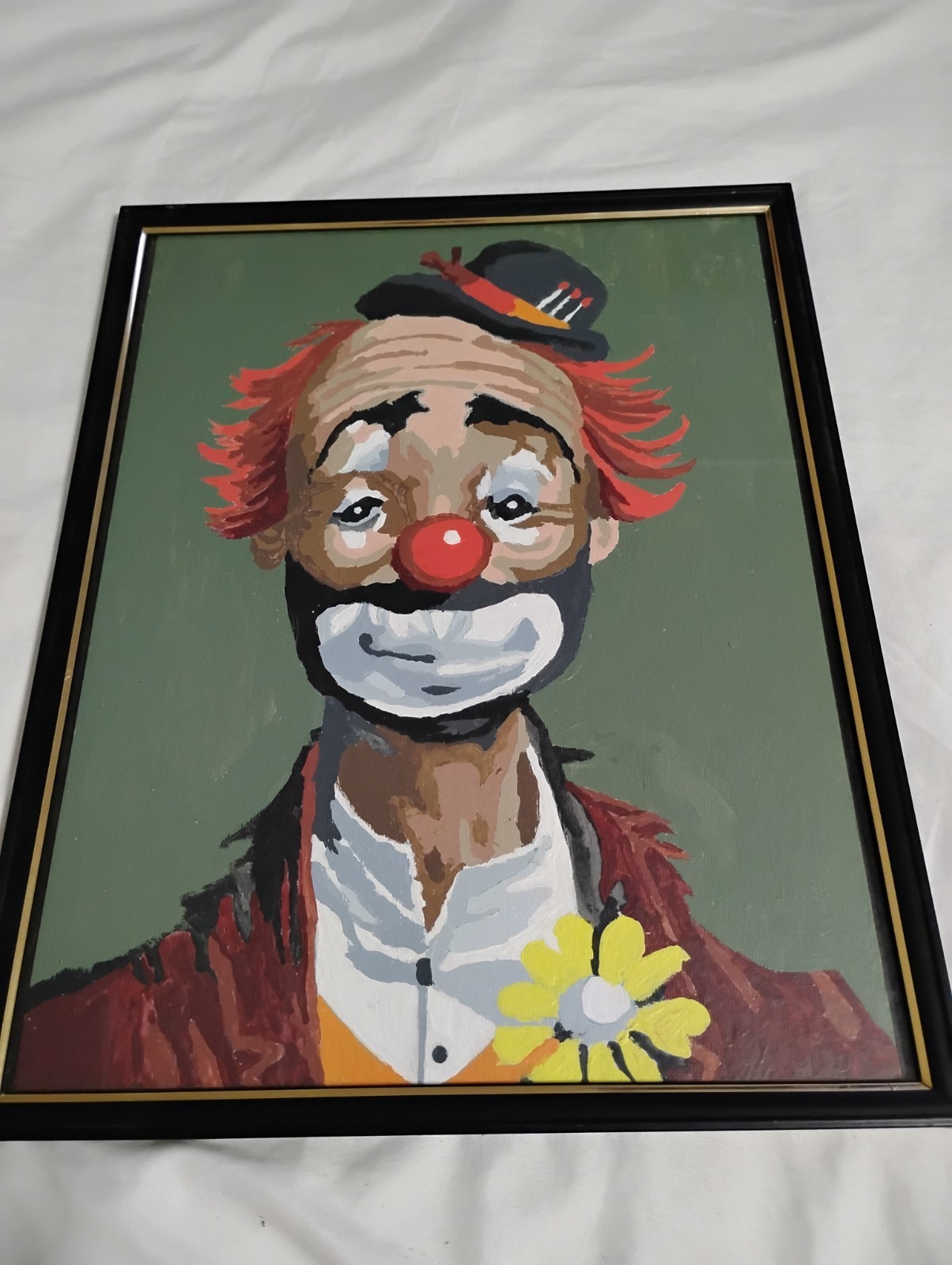 Vintage 1970s Melancholy Clown Paint By Numbers Framed Painting 14×11