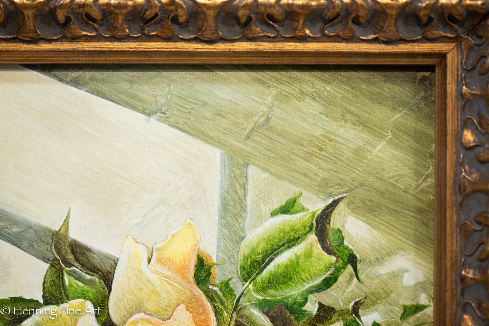 Stunning Oil Painting of Yellow Rose in Window Illegibly Signed, Fine! 16×18″