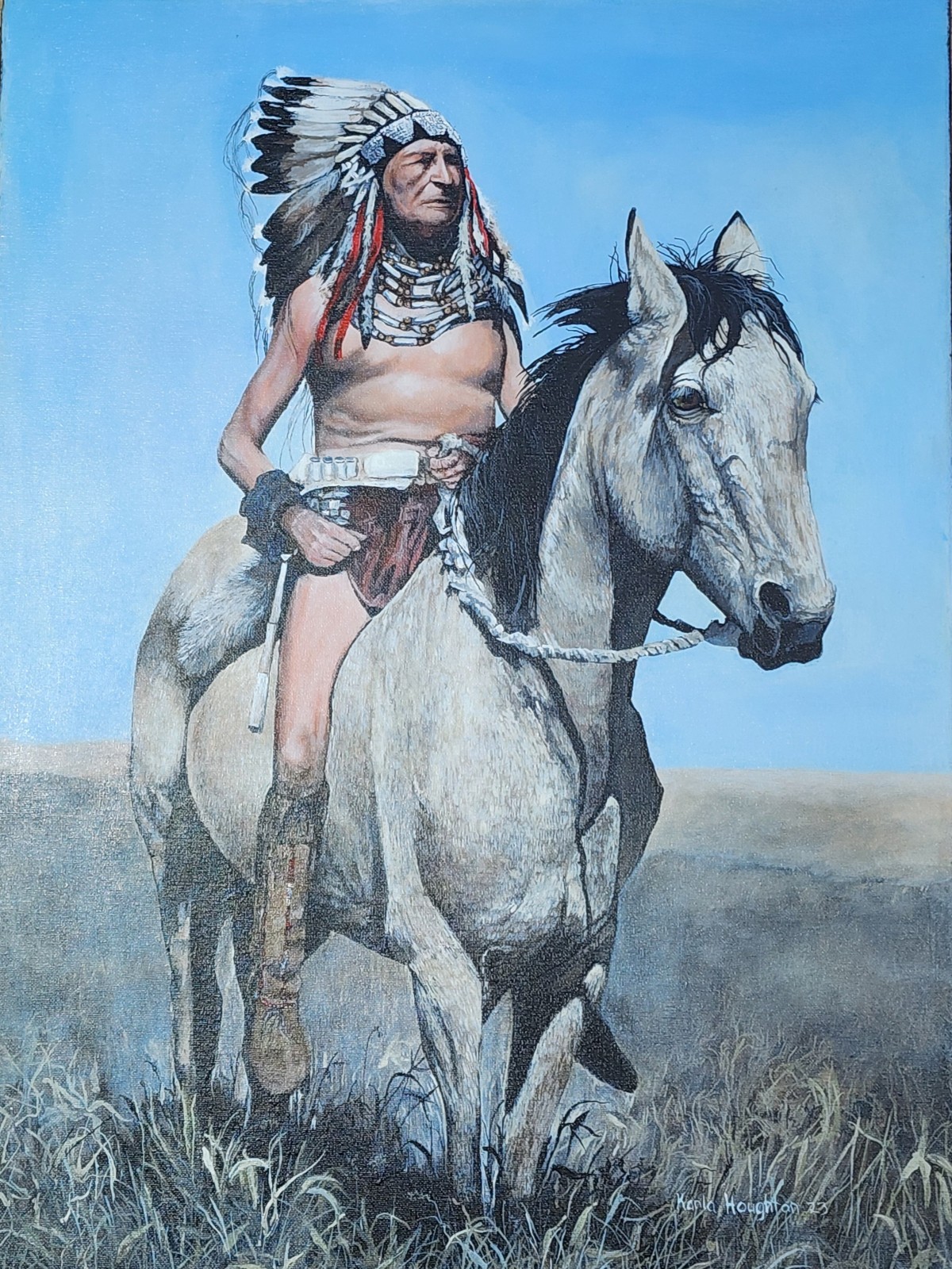 Acrylic Painting Of Native American Warrior 18×24 Western Southwestern Aztec