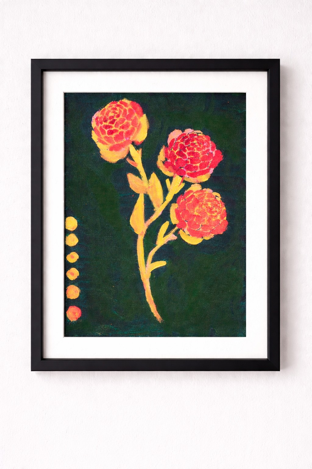 Floral Acrylic Painting 11×14 Original Art Pink Zinnia Flowers on Dark Green