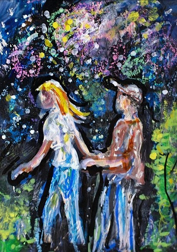 ACEO Original Painting FIREWORKS Summer Love Friends People 4th July USA ATC ART