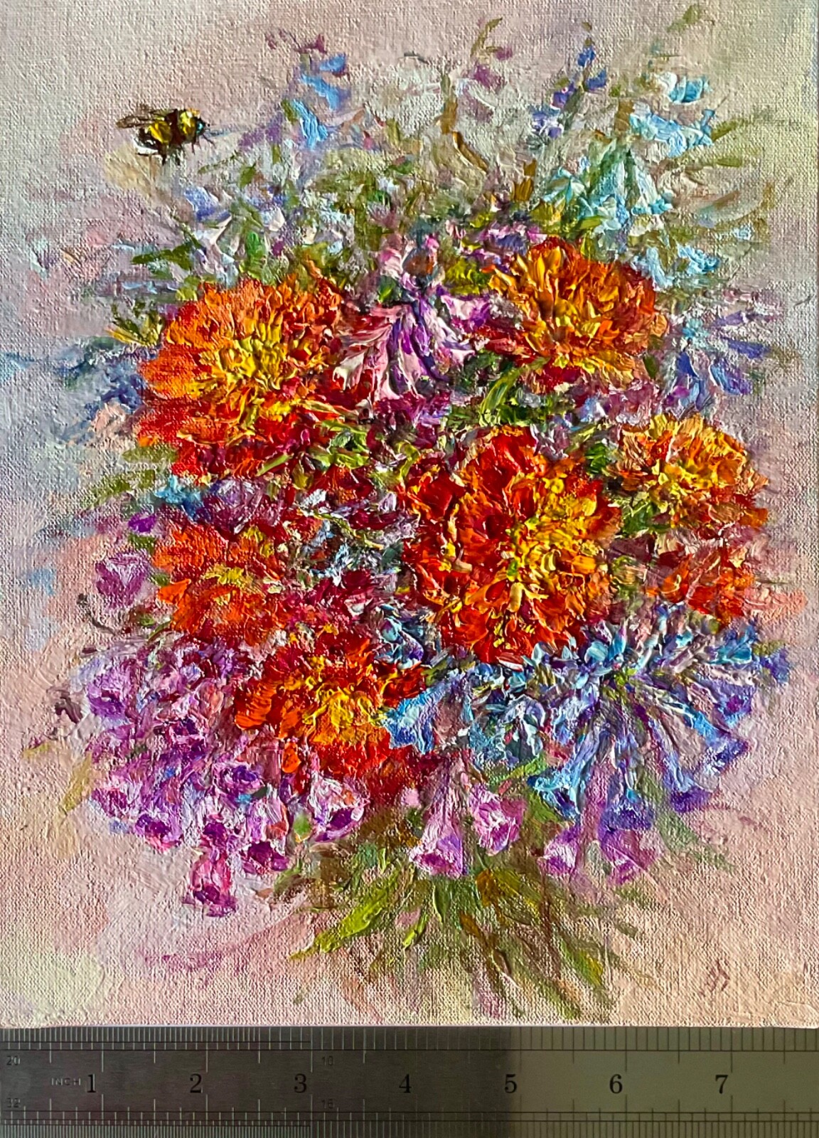 Original Oil Painting Marigolds Wildflowers Impasto Wall Art 10×7.8 in Signed