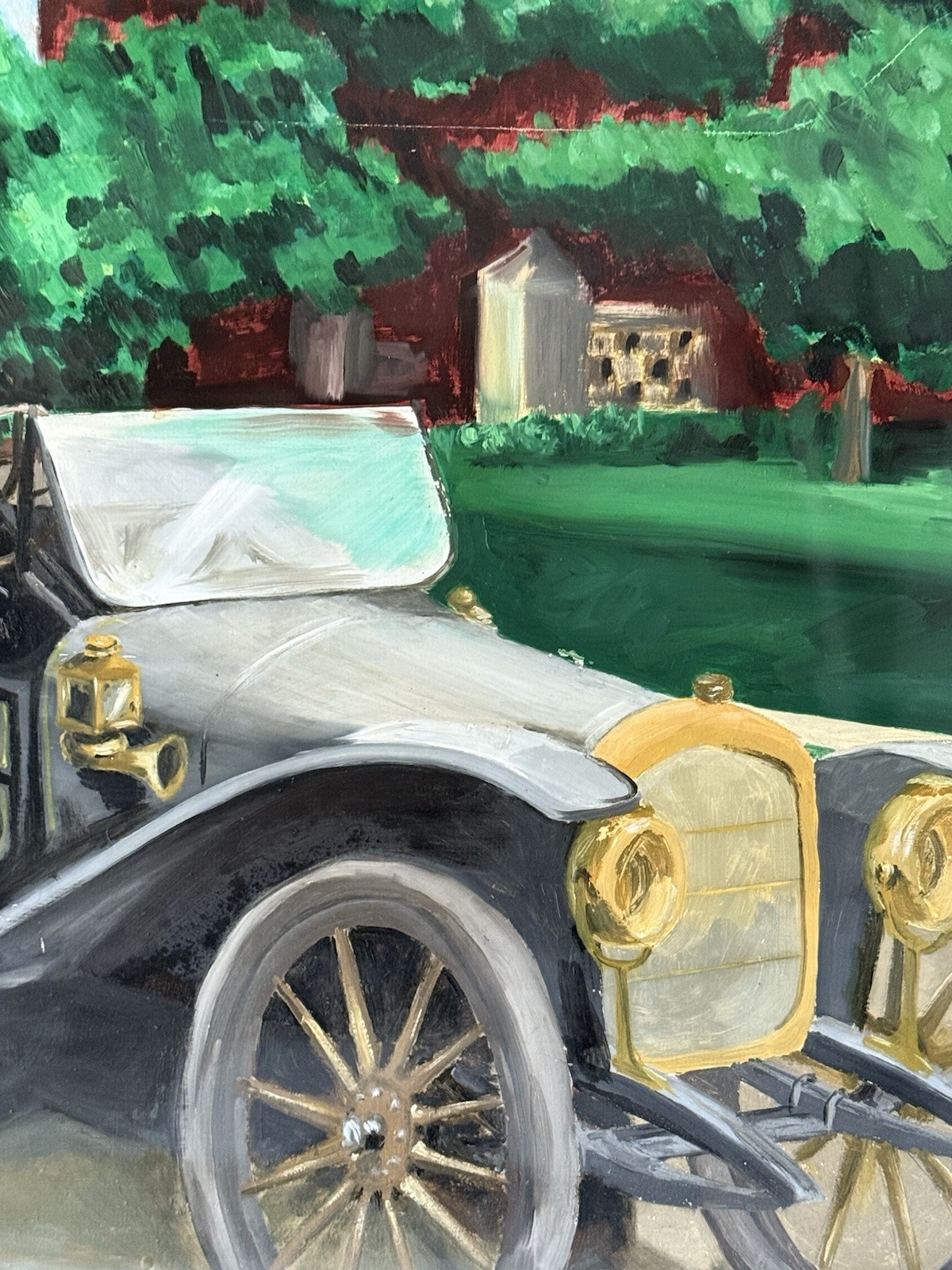 JAMES SHAVER ANTIQUE FIGURATIVE AUTOMOBILE LANDSCAPE OIL PAINTING VINTAGE CAR 40