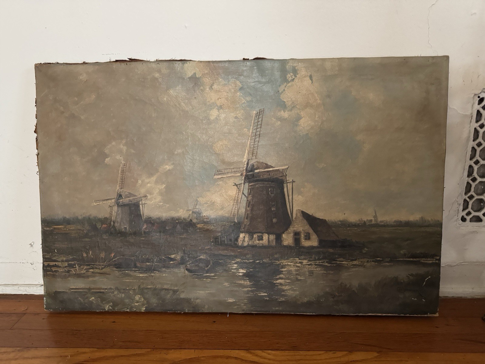 Antique Dutch Windmill Oil Painting on Canvas Large Moody Landscape Vintage