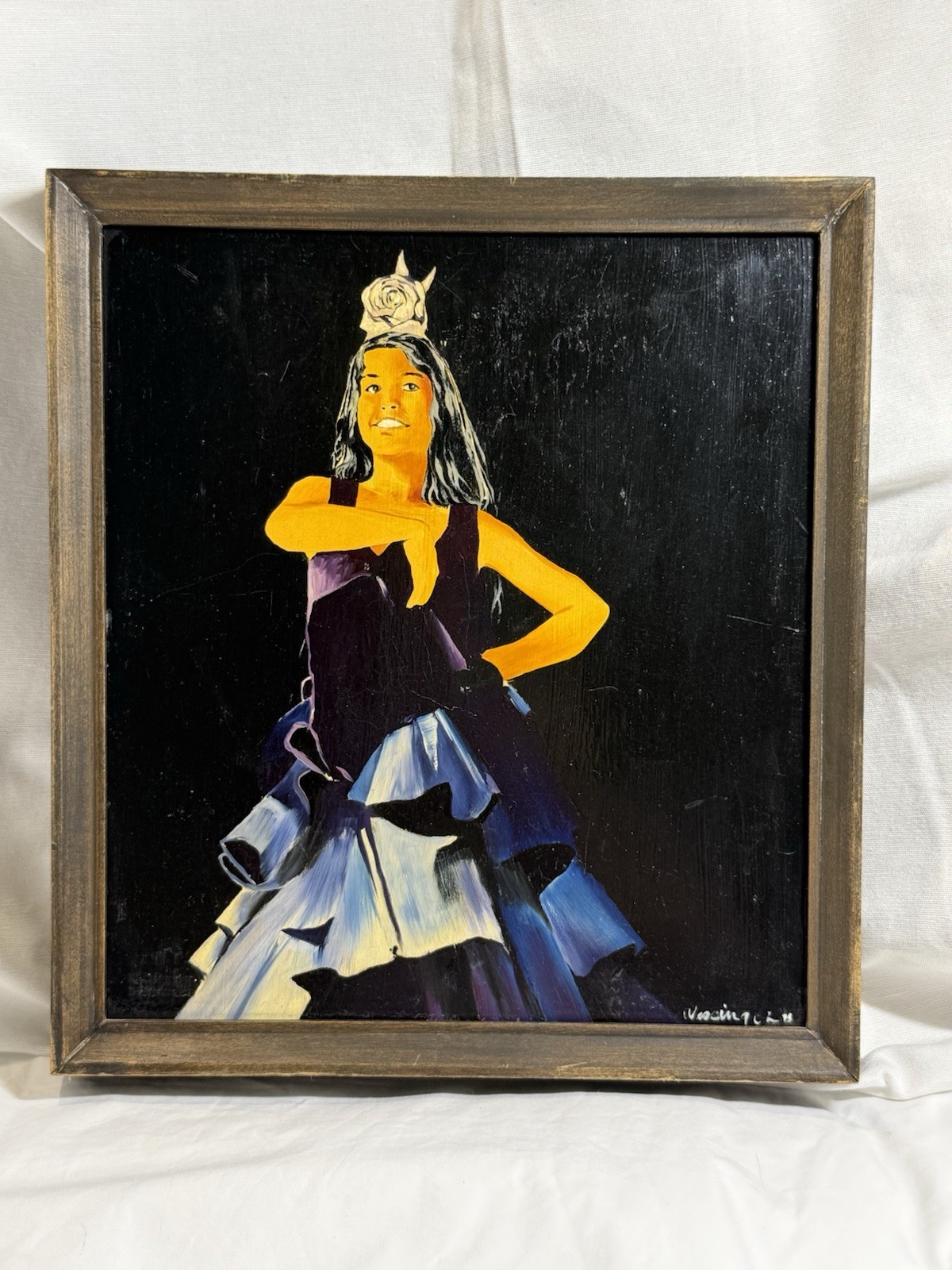 VTG Oil Painting Folklorico Dancer Blue Purple Framed Signed 12 X 13 In