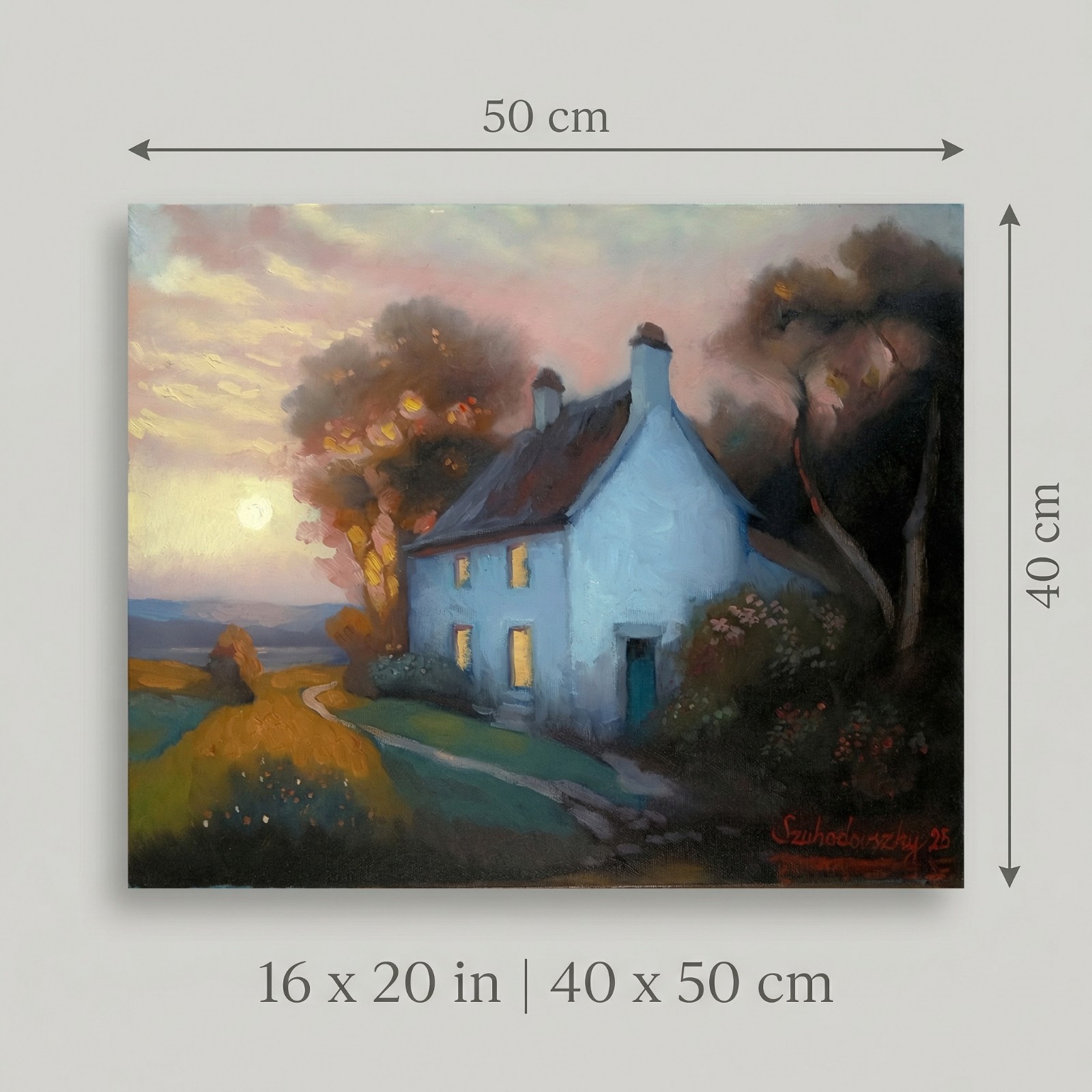 Original Oil Painting Cottage Sunset Landscape Art 16×20 Canvas