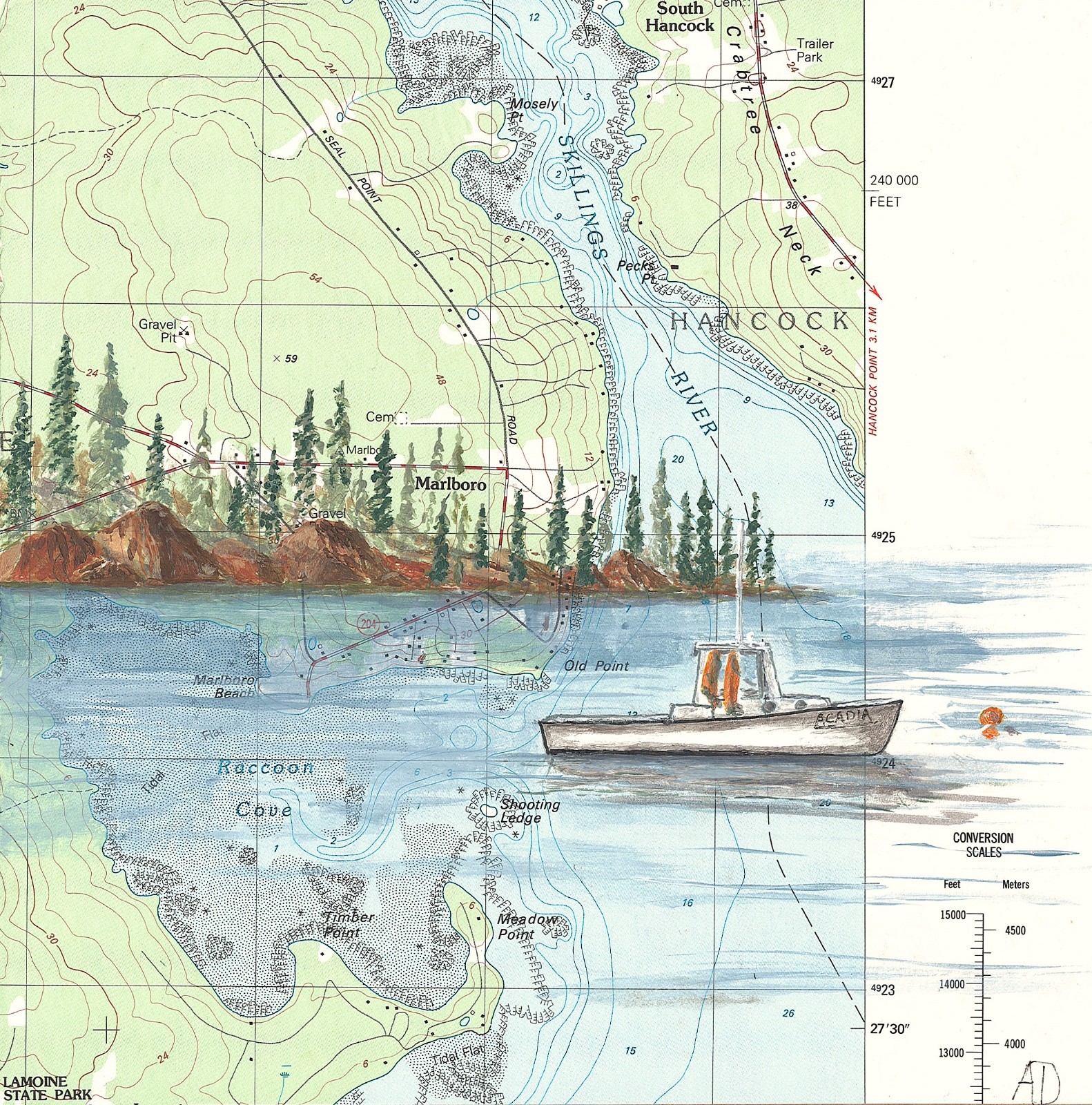 PRINT «Lobster Boat Acadia» National Park 8x8x1 PRINT of orignal, Map on Wood