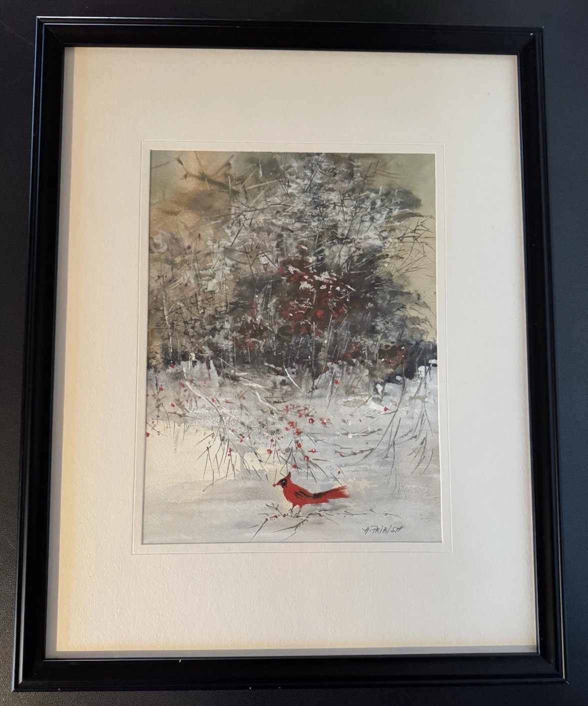 Cardinal Bird Winter Scene Original Watercolor Painting Sign Ann Pribish 19×15”