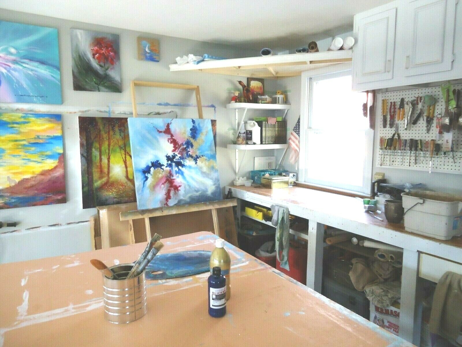 PAINTING ORIGINAL Signed «Basics» 14×14 stretched canvas primary colors S.Graff