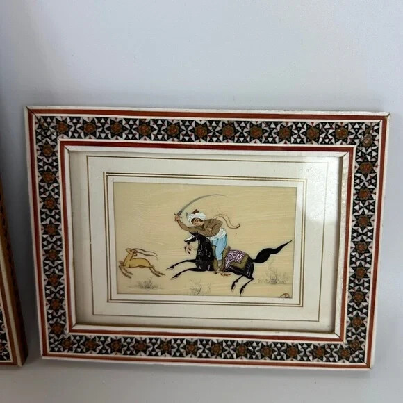 VTG Persian Camel Bone Art Mosaic Framed Art Set of 2 Beautiful