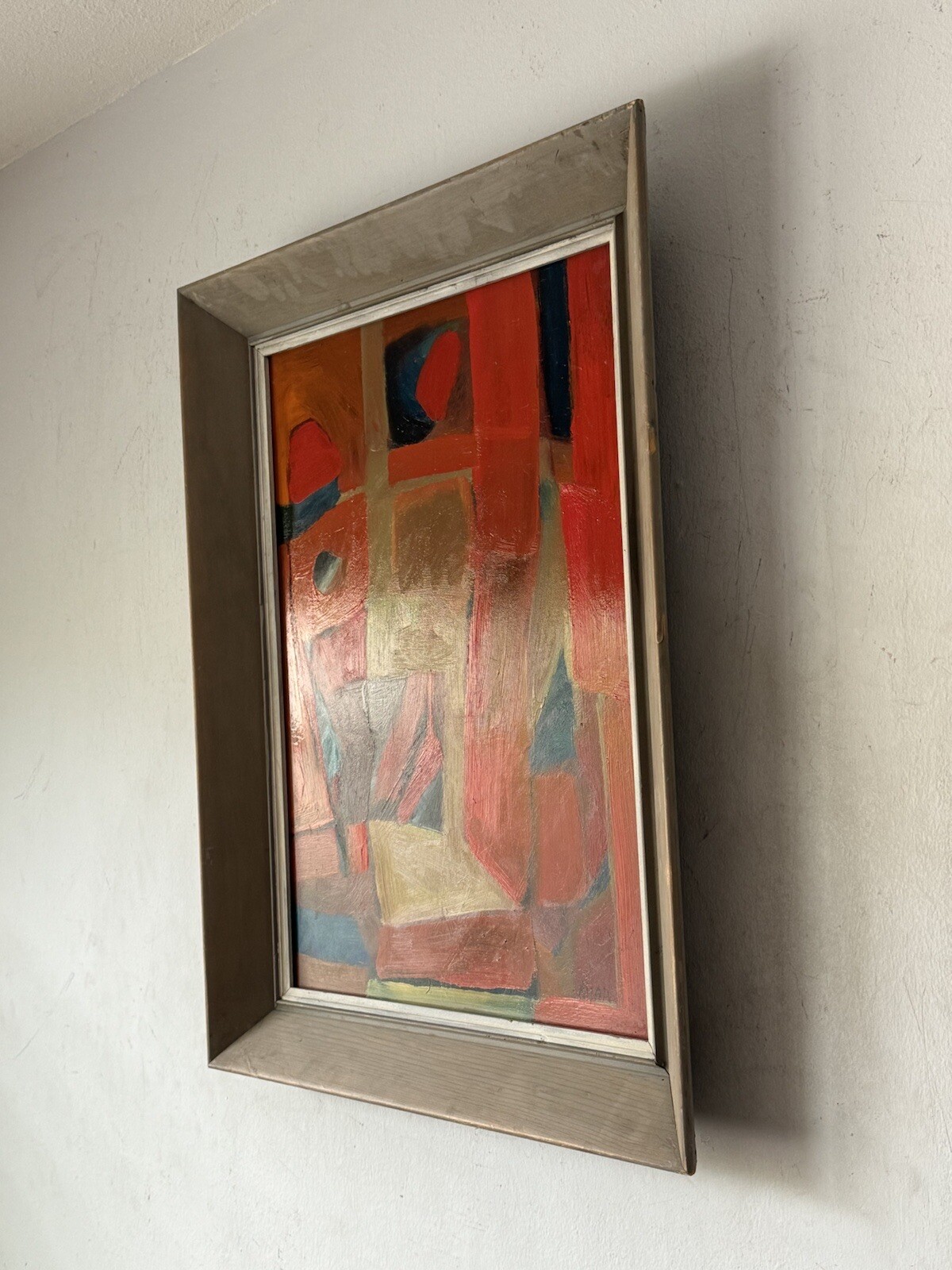 PATRICK RYAN VINTAGE MODERN ABSTRACT CUBIST HARD EDGE OIL PAINTING OLD 1950s