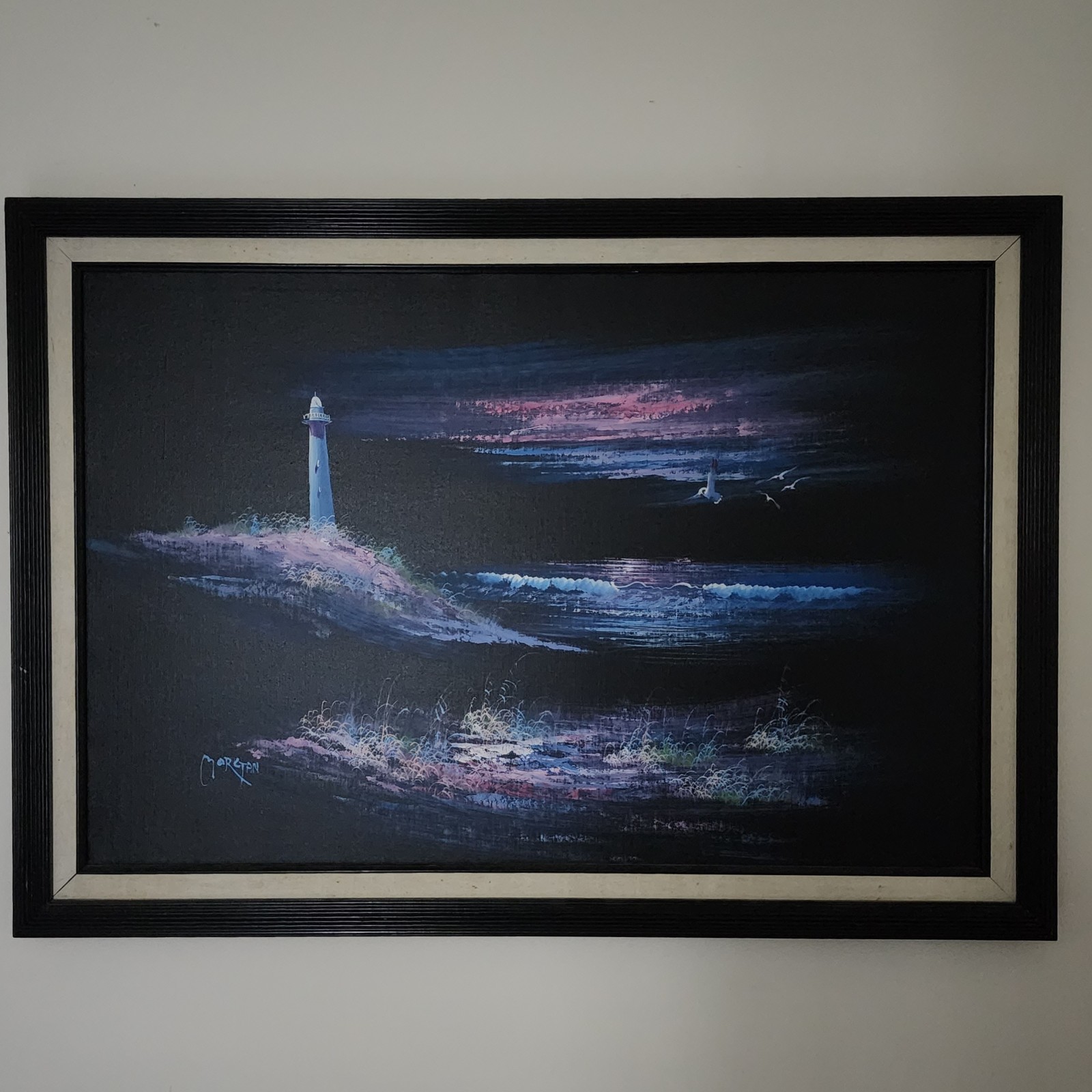 Morgan Vintage Original Oil Painting Lighthouse Moonlit Seascape Framed 41×29