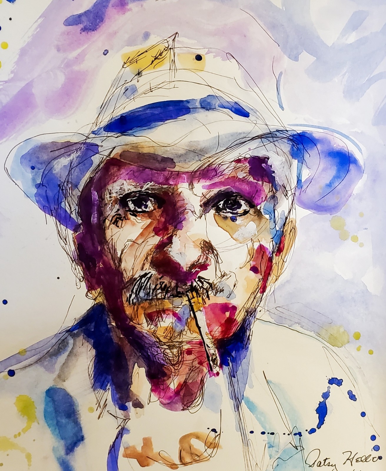 El Cubano, One Of A Kind Watercolor Portrait, Signed By Patsy Heller Artist.