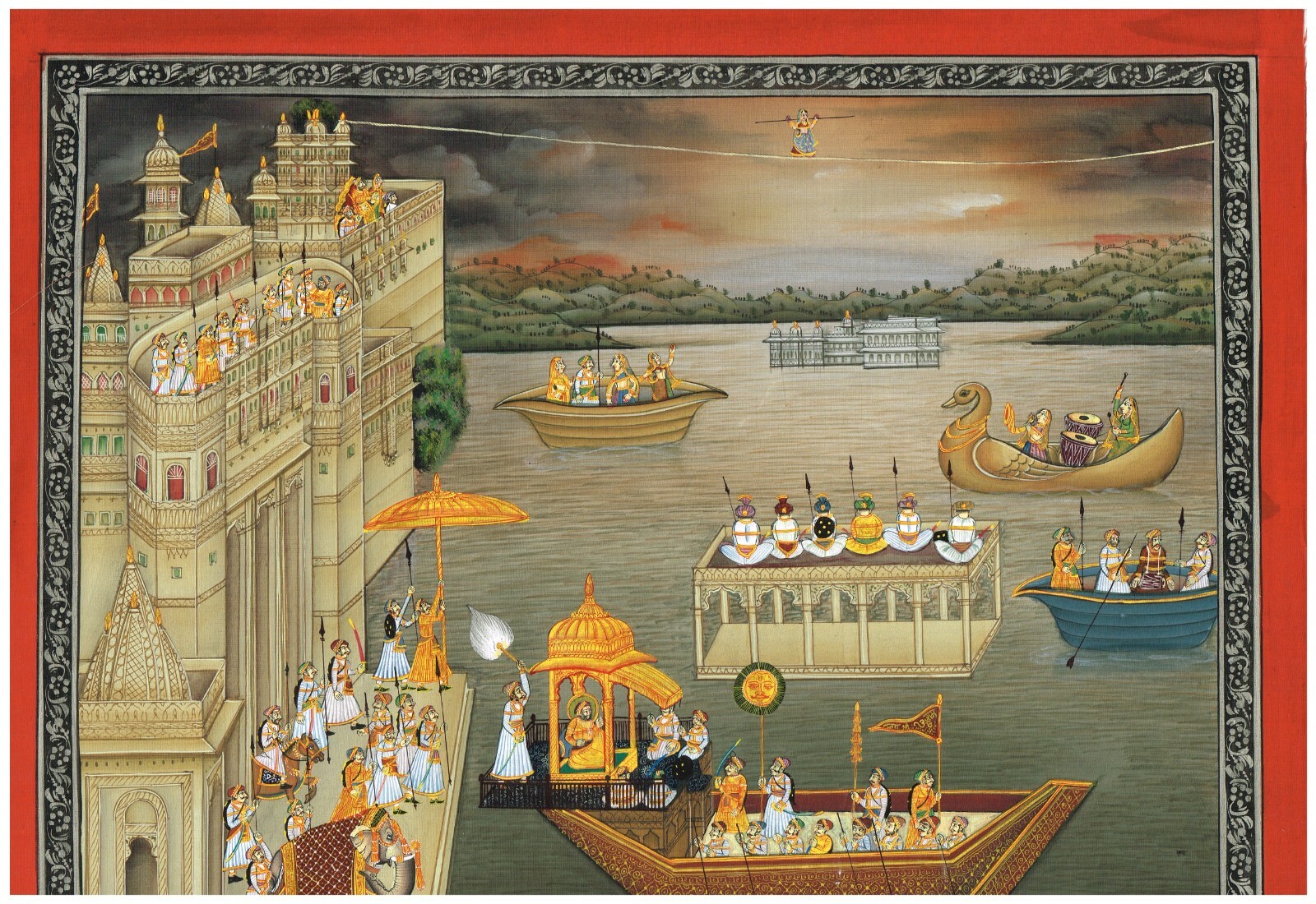 Indian Miniature Painting Of Udaipur Maharaja Enjoying in Boat 17×13.5 Inches
