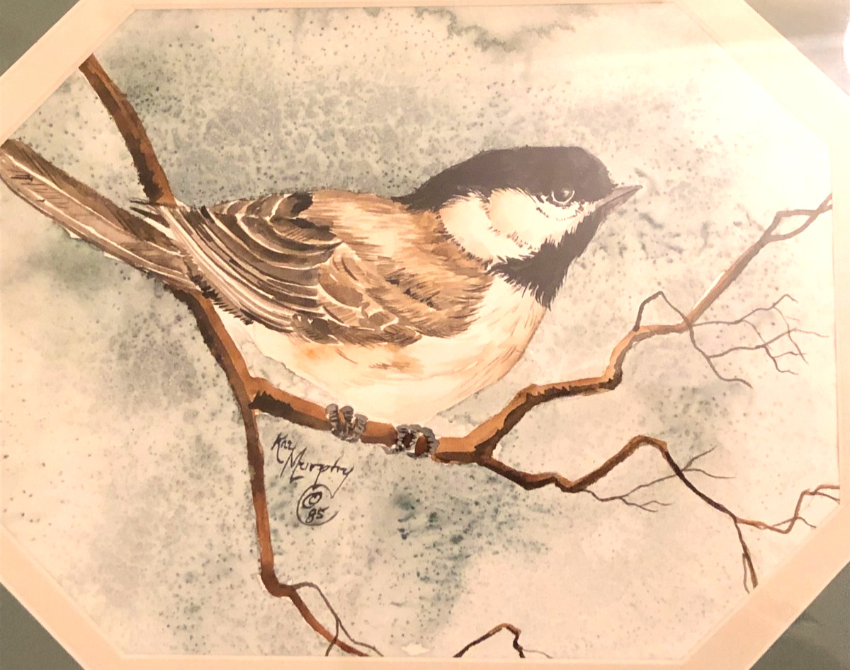 Original Kay Murphy Signed Artwork Watercolor Chickadee Bird Custom Framed 1985