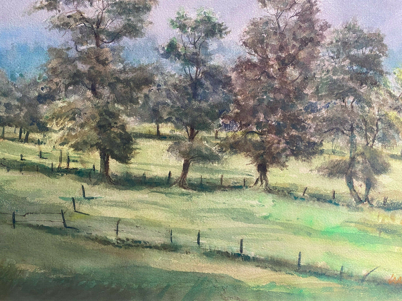 Illegibly Signed Trees on the Meadow Watercolor 1964 Spring Pasture