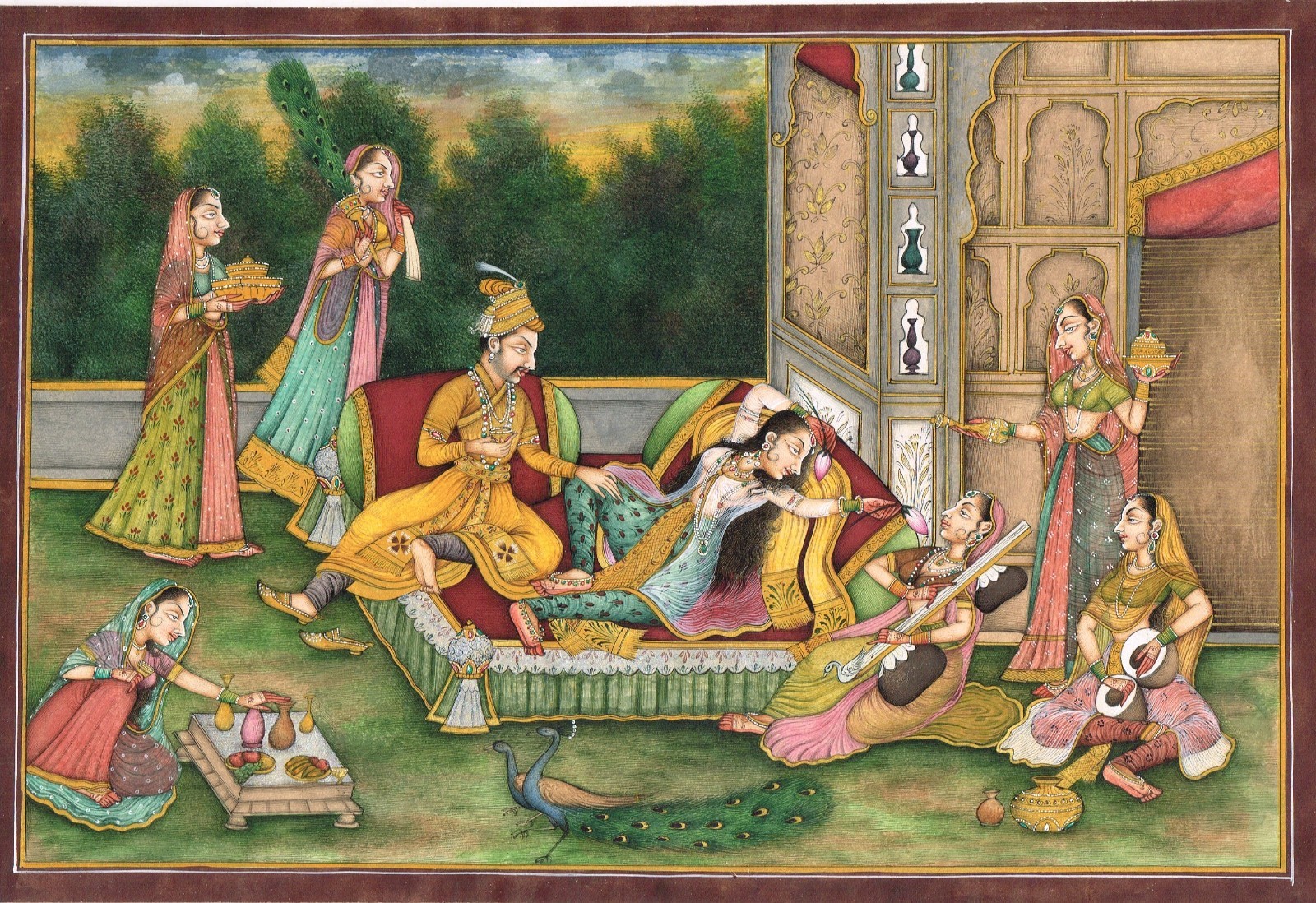 Handmade Mughal Painting – Royal Couple with Attendants Court Artwork 13X9″
