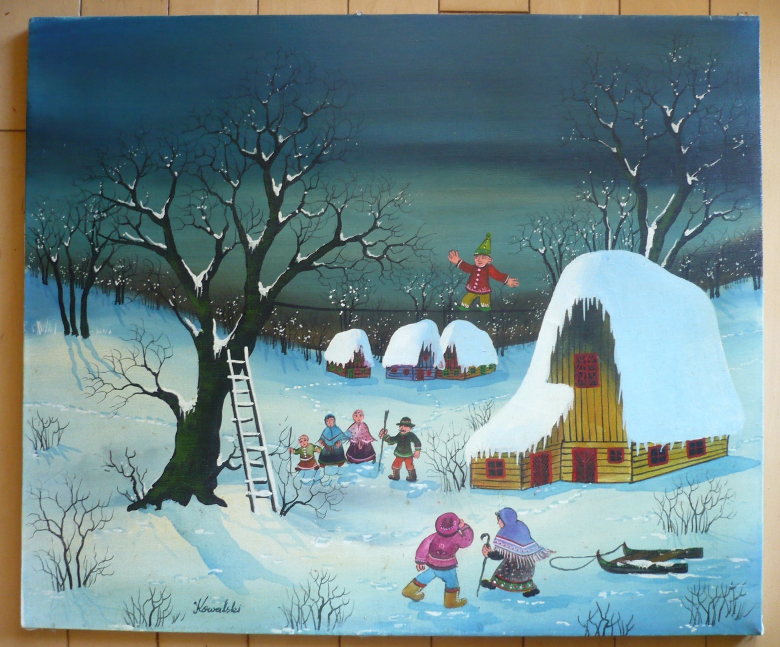 KOWALSKI LISTED HUNGARIAN HUNGARY FOLK PRIMITIVE OIL CANVAS VINTAGE WINTER SCENE