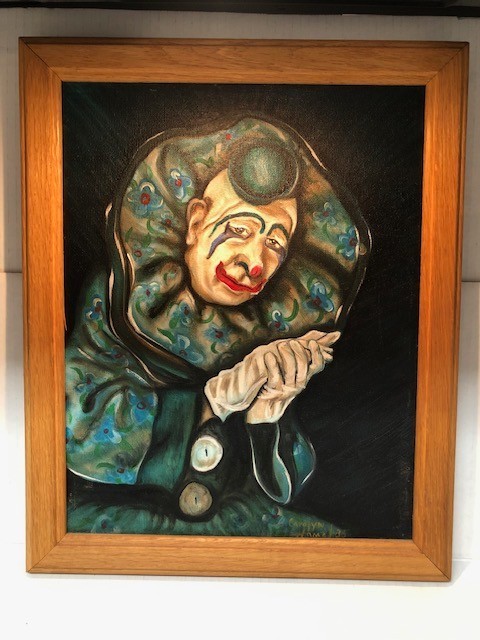 Original framed oil acrylic painting on canvas sad clown signed Carolyn Hams