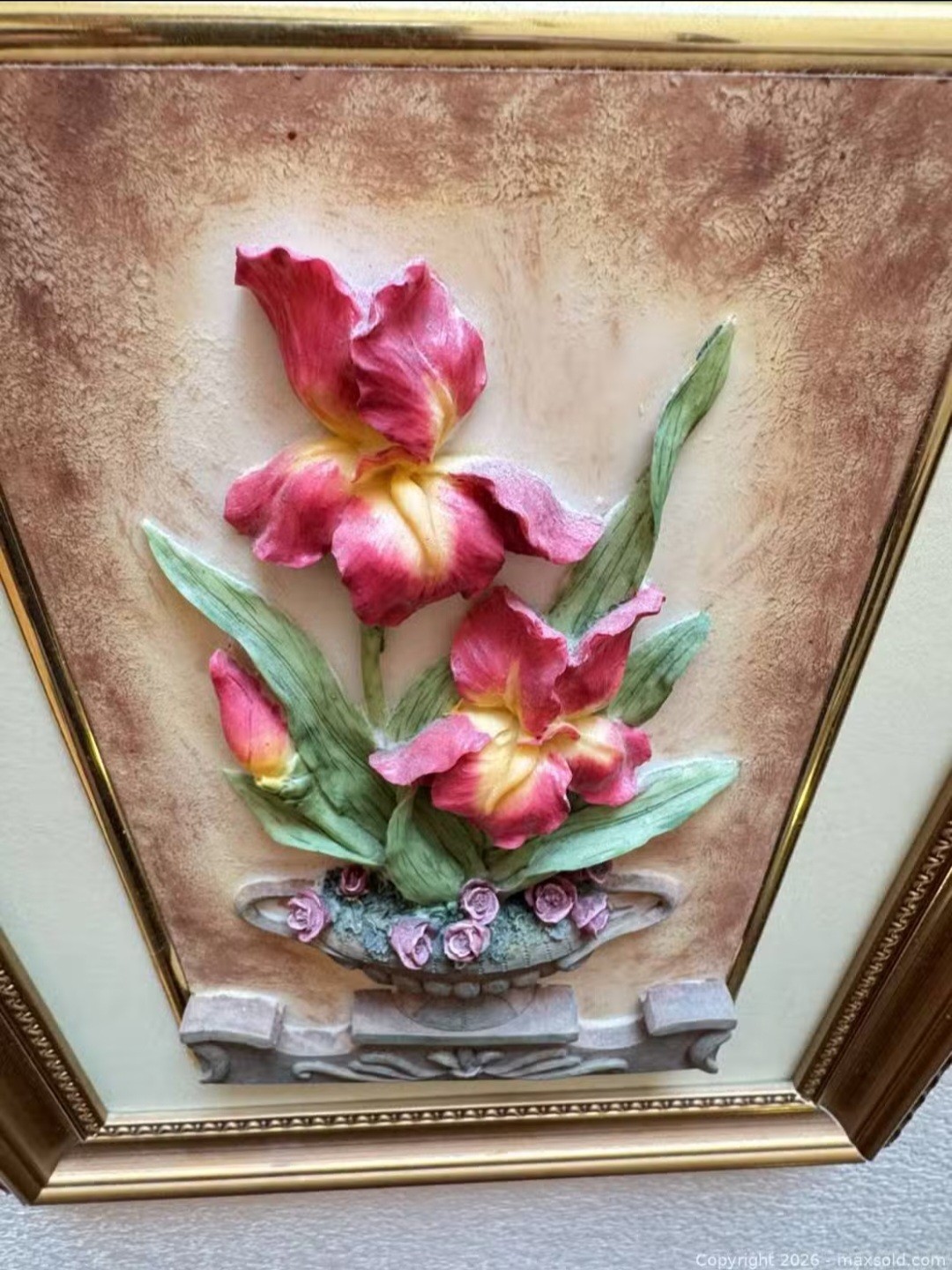 Vintage 3D Floral Relief Wall Art Framed – Tulip Flowers in Vase Decor