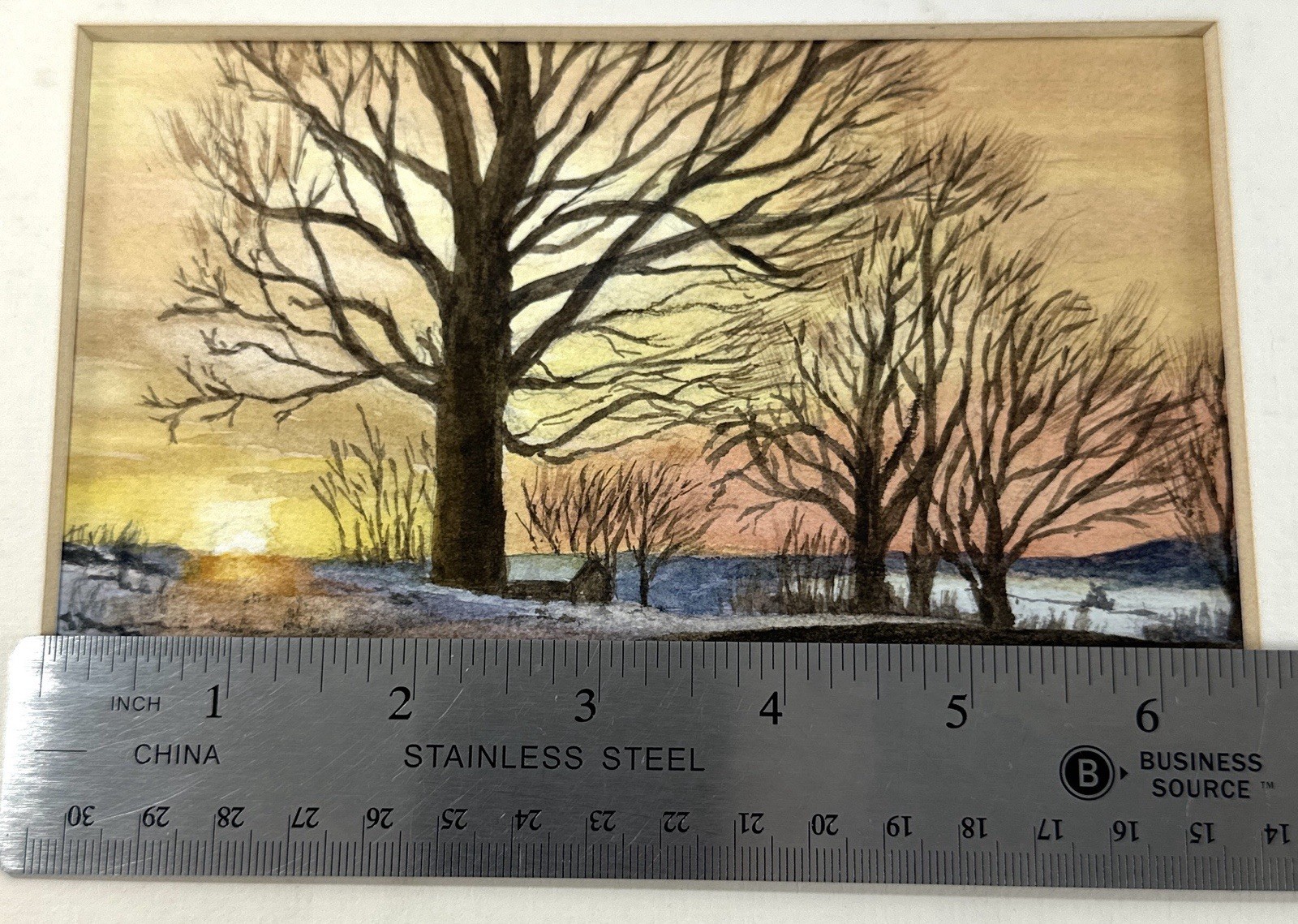 Winter Landscape Watercolor Painting Illegible Signature Matted 10×8 Sunset