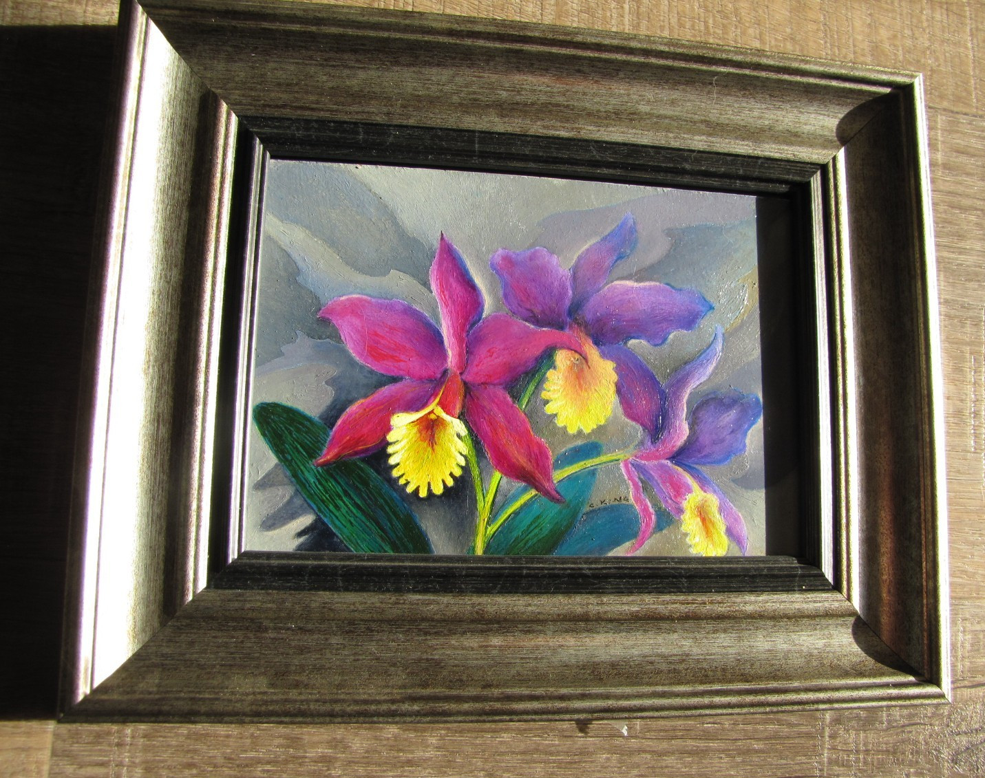 ORIGINAL ART OIL PAINTING «ORCHID TRIO» 5″ by 7″ in 8 1/4″ by 10 1/4″ frame
