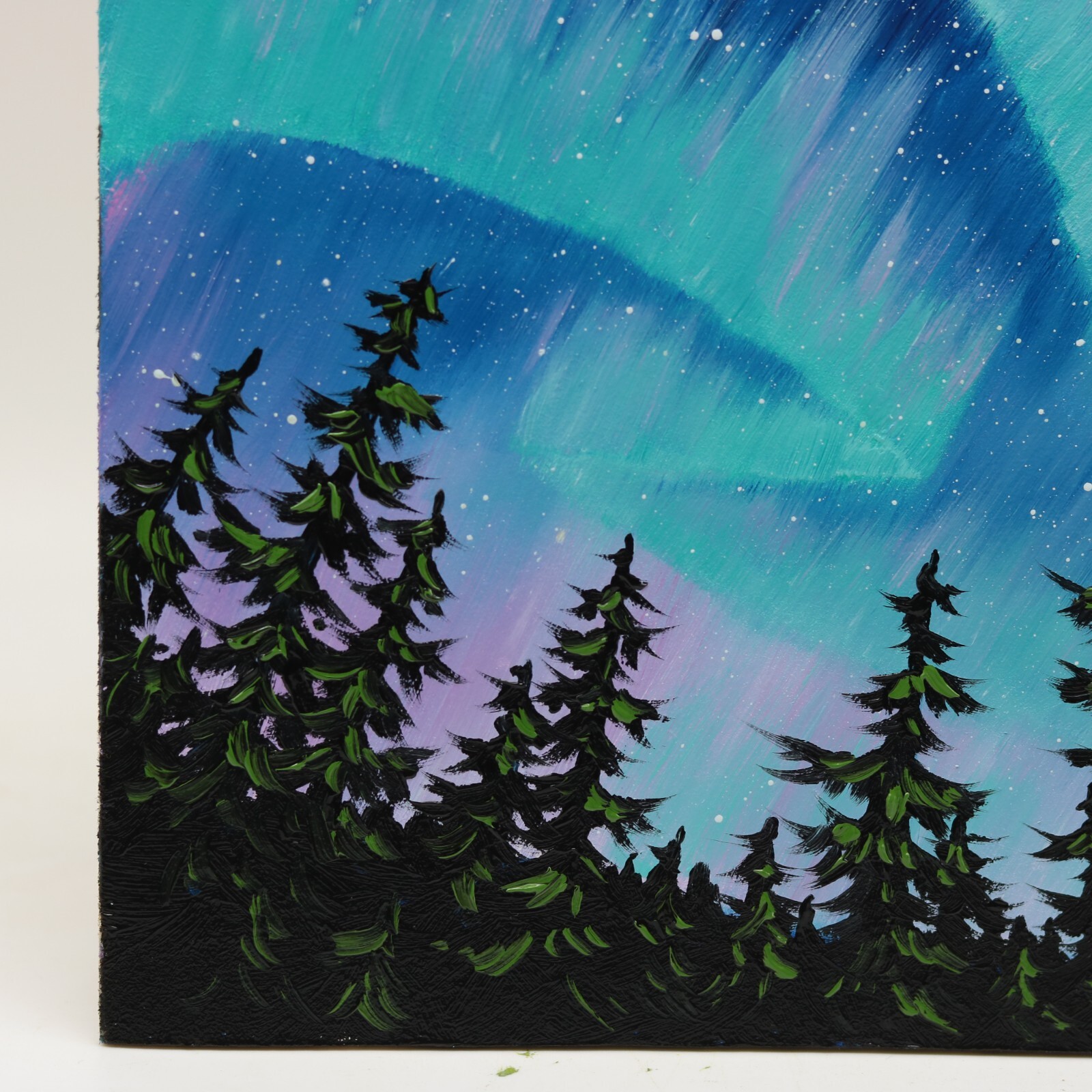 Northern Lights Oil Painting Original Pine Trees Under Aurora Borealis Night 8×8