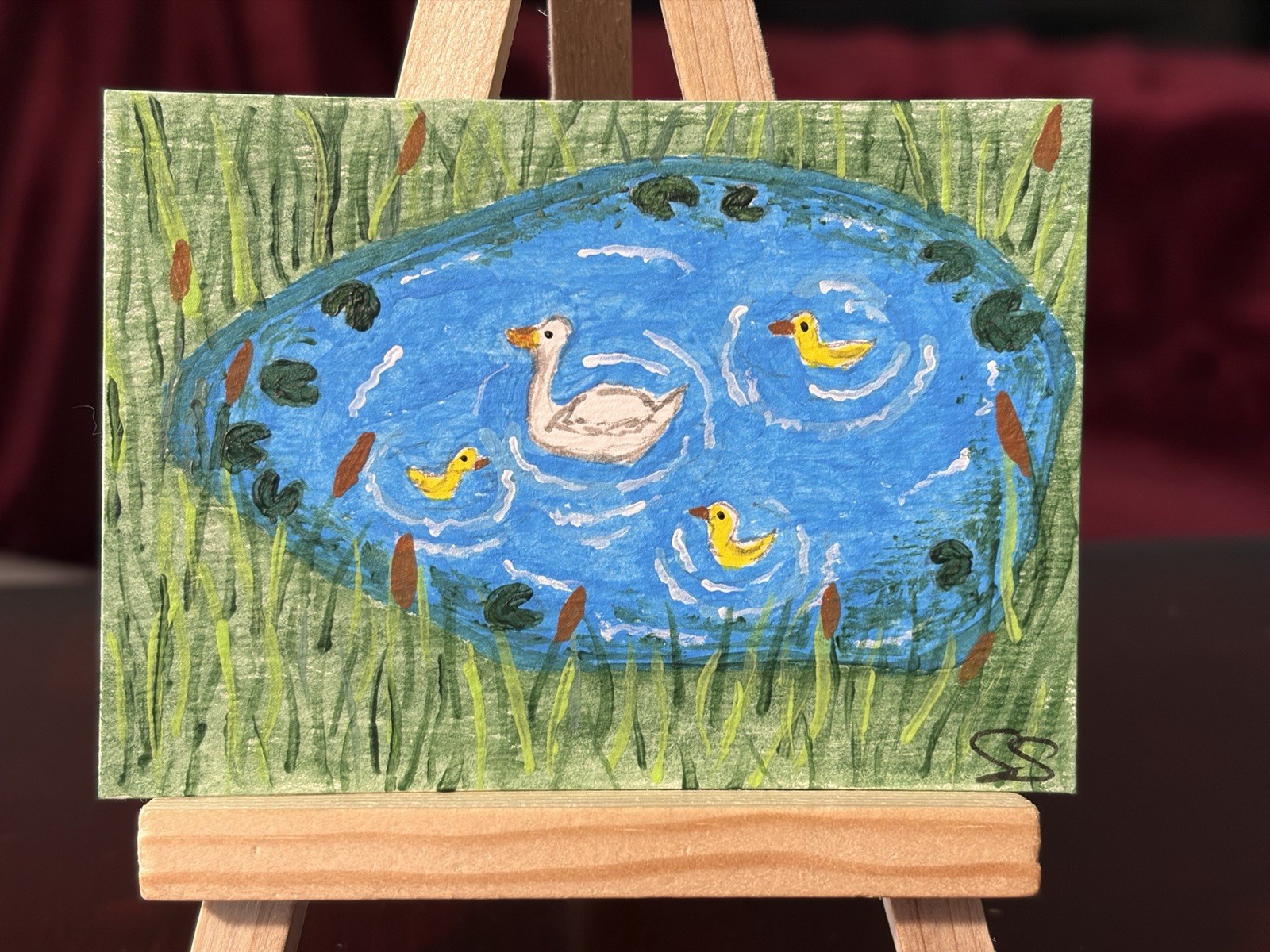 aceo ATC original painting Acrylic Duck Pond Baby&mom Ducks Ducklings Swimming