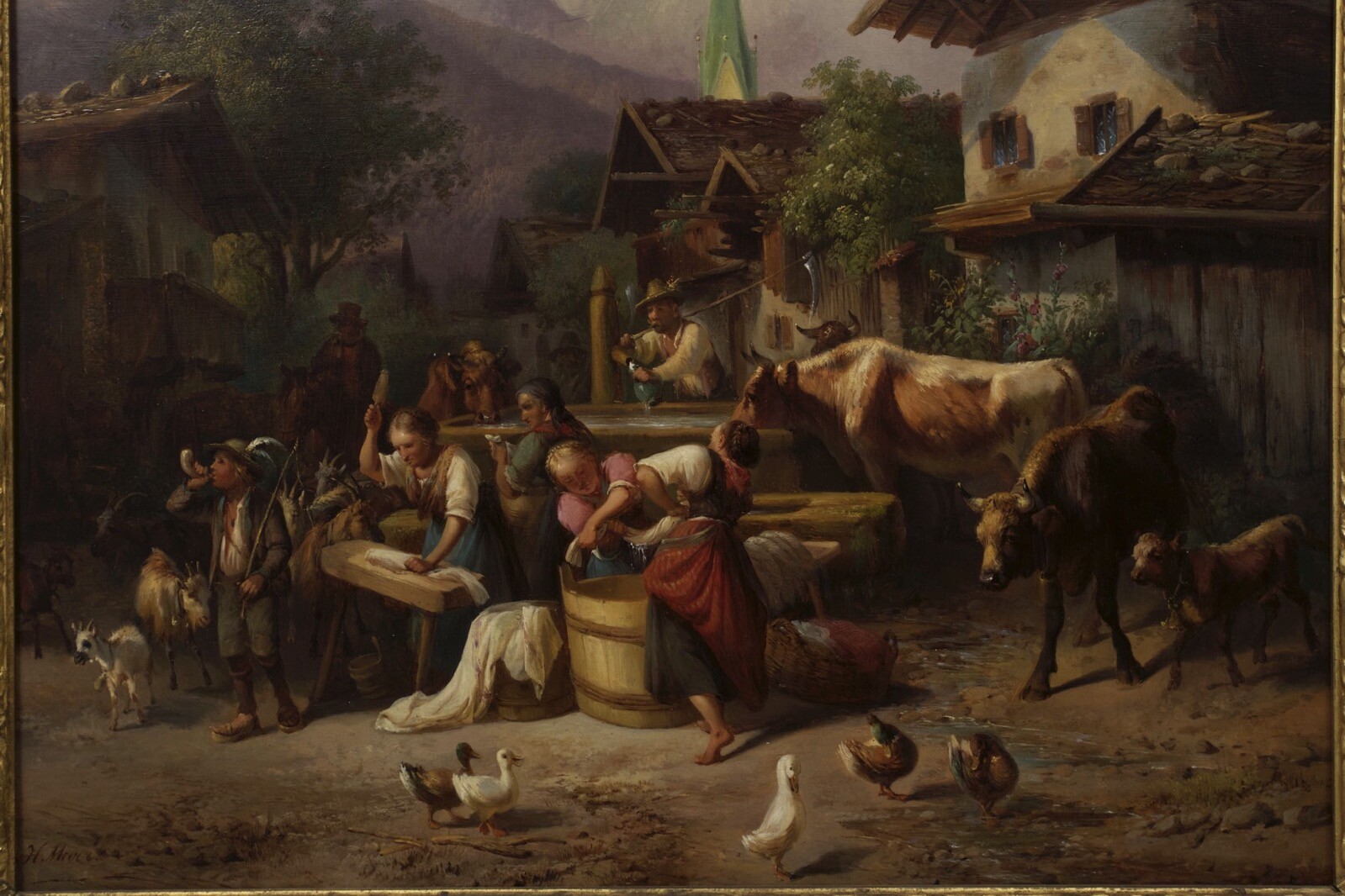 German Landscape Painting «An Alpine Village” by Joseph Heinrich Marr