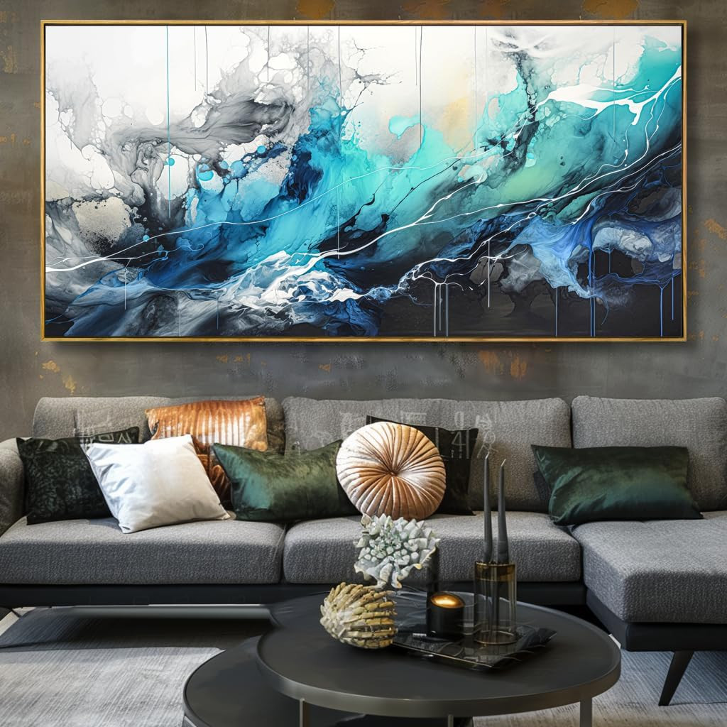Teal Blue Abstract Canvas Wall Art Framed 30″x60″ for Home Decor
