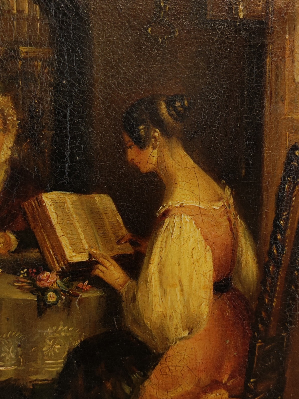 ANTIQUE 19TH C. INTERIOR GENRE SCHOOL OIL PAINTING ON CANVAS, «SUNDAY EVENING».