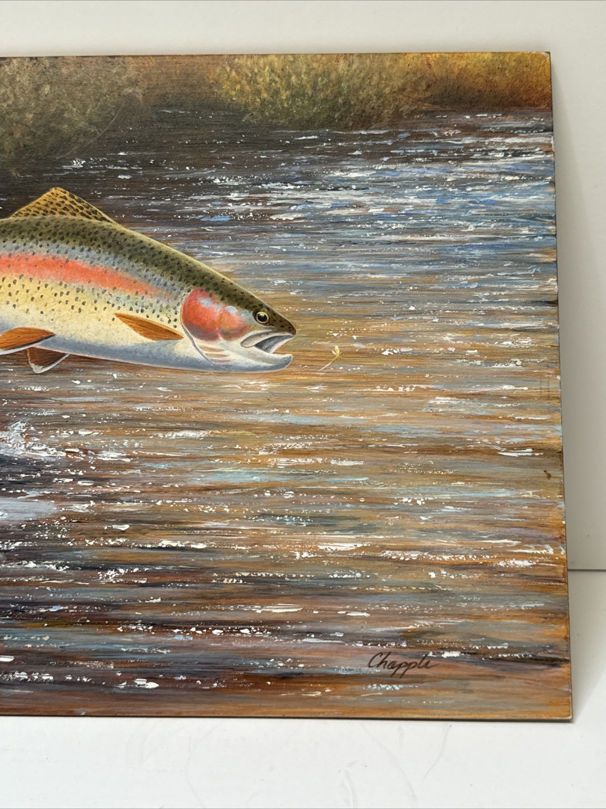 Fish Painting Fishing Jumping Fly Lure River Stream David Chapple Listed Famous