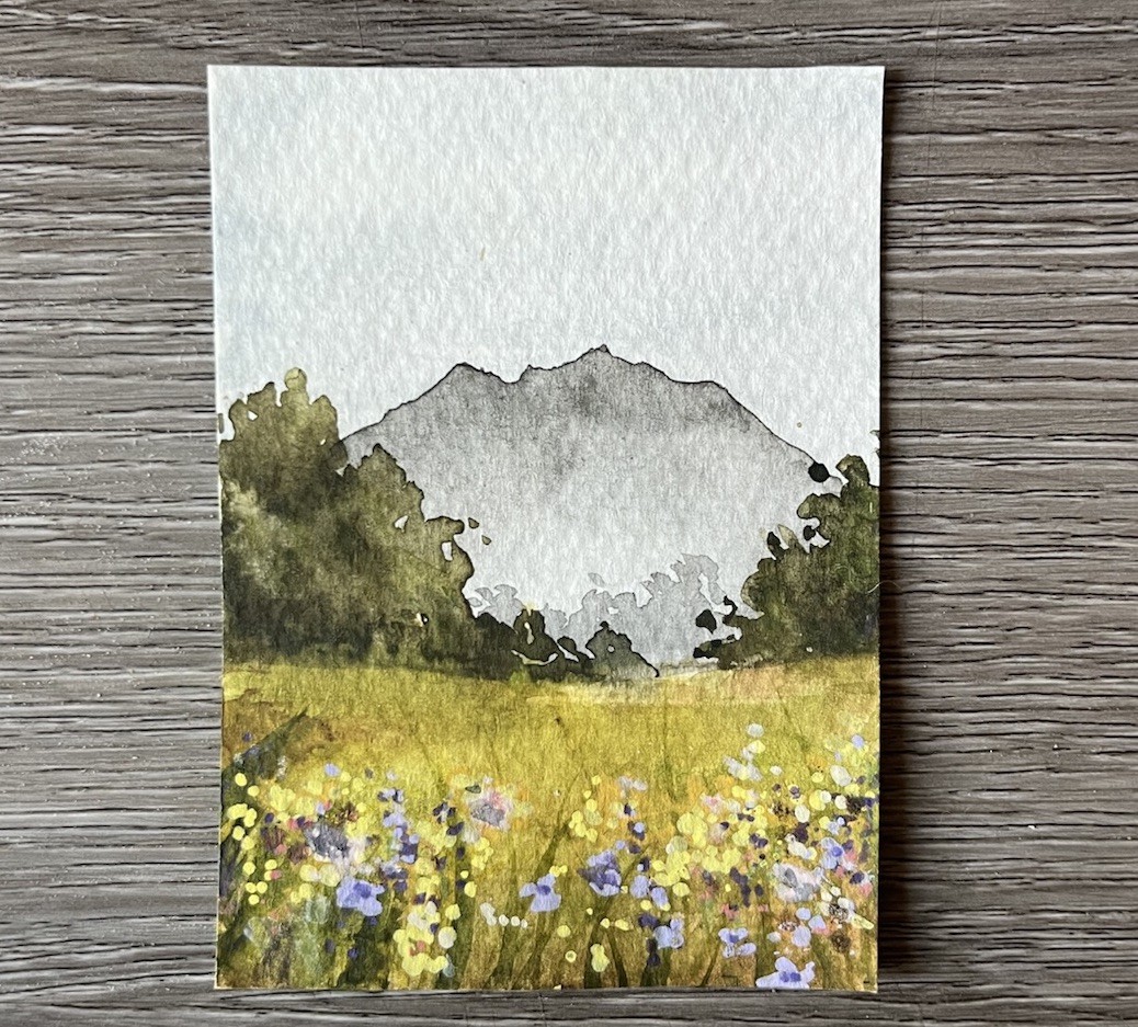 ACEO PRINT Wildflower Meadow Field Mountains Watercolor Painting 3.5×2.5