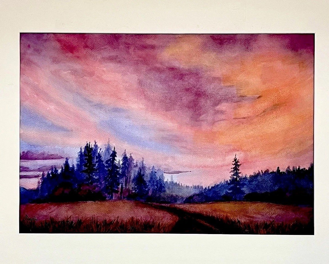 Large Original Watercolor Signed Romael Landscape Sunset Forest Framed Arches