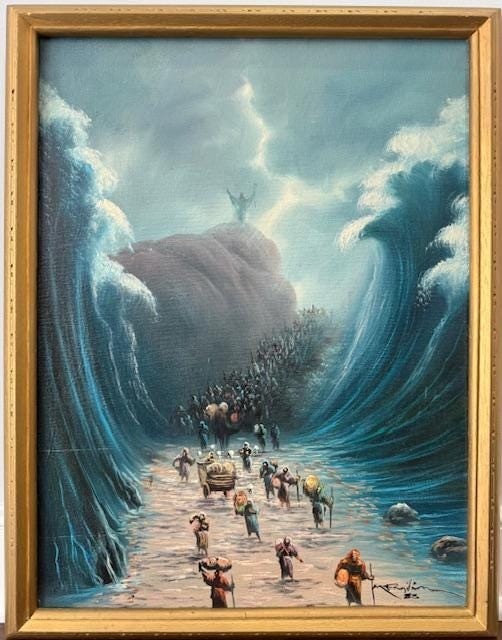 Original Vintage Oil Painting Moses Parting the Red Sea Signed 1983