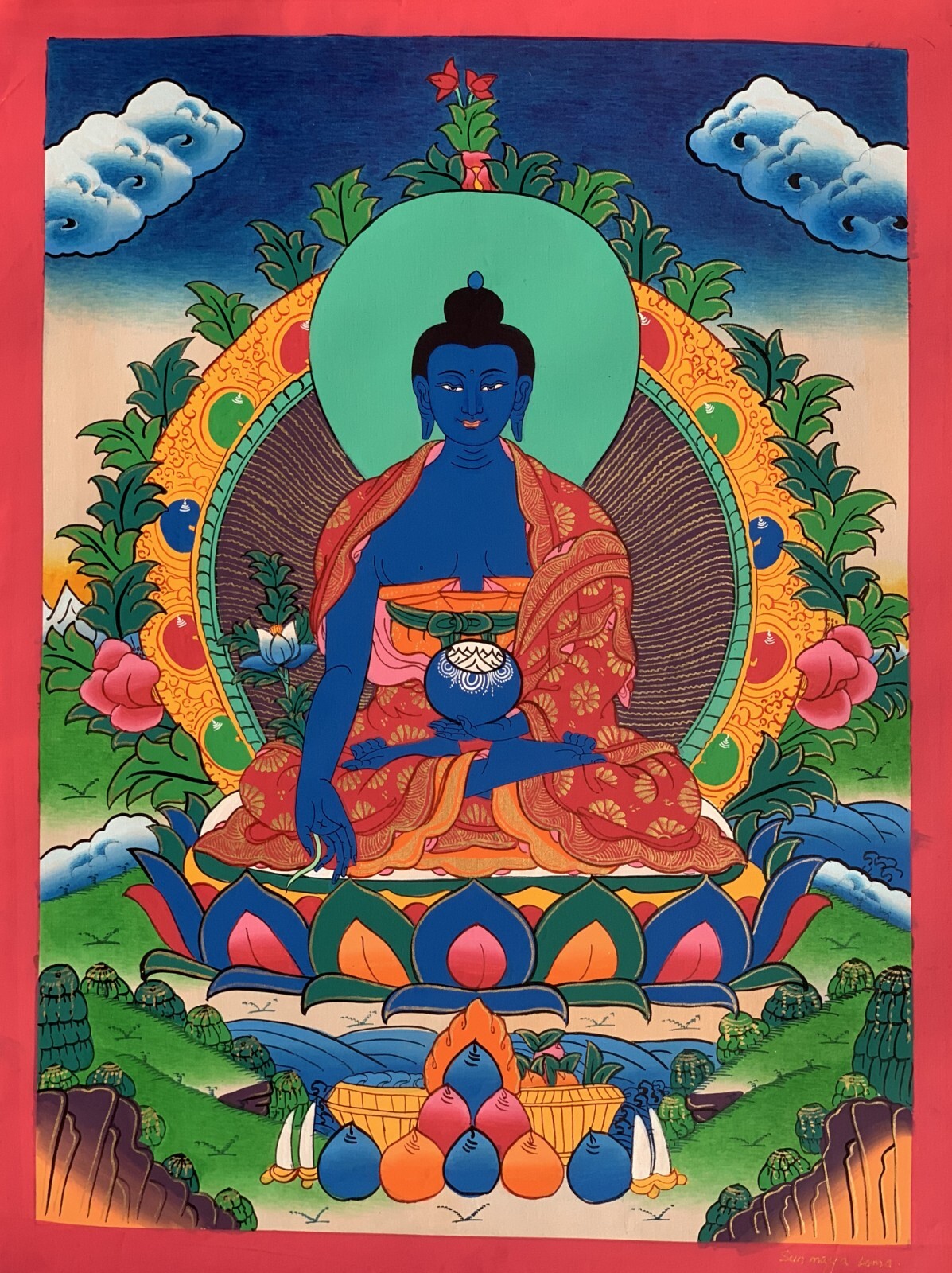 ORIGINAL HAND-PAINTED MEDICINE BUDDHA/ BHAISAJYAGURU TIBETAN THANGKA PAINTING