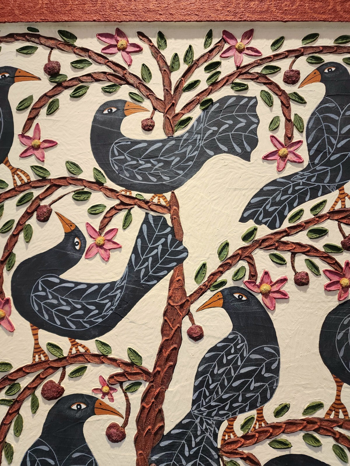 Danette Sperry Southern Primitive Crow Bird Folk Art Painting «Cherry Paradise «