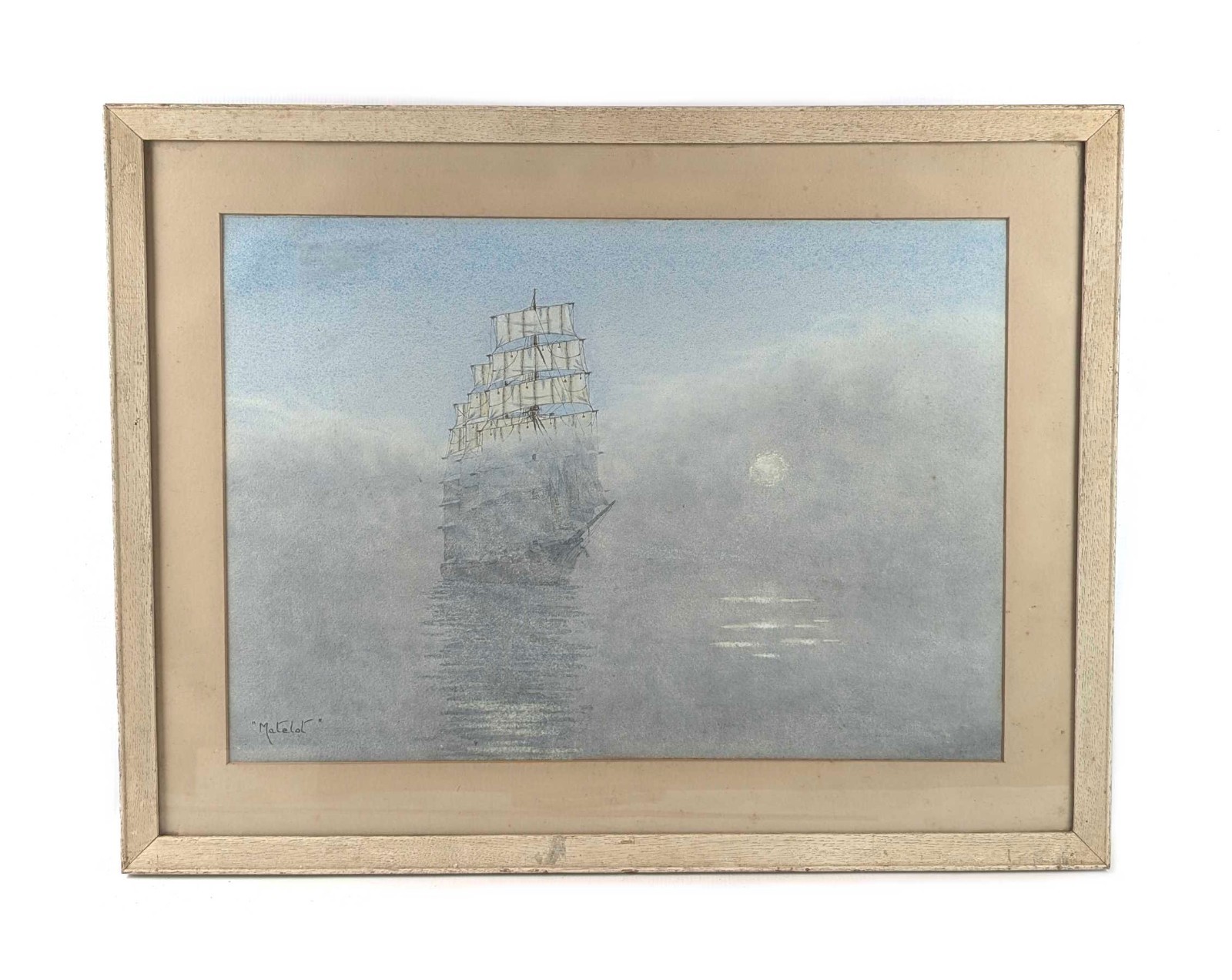Antique Vintage Maritime Watercolor Painting Clipper Ship Sailing in the Fog
