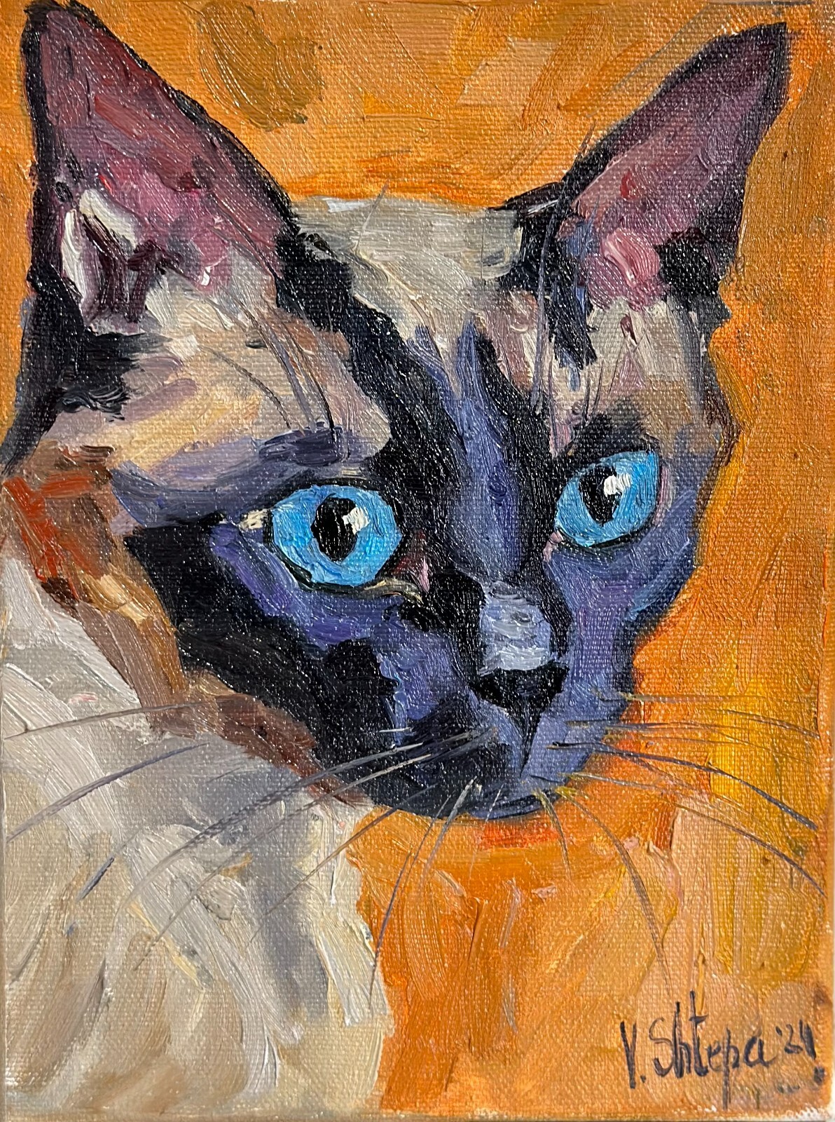 Siamese Cat Original Oil Painting Portrait Impressionism Kitten Signed 6X8 in