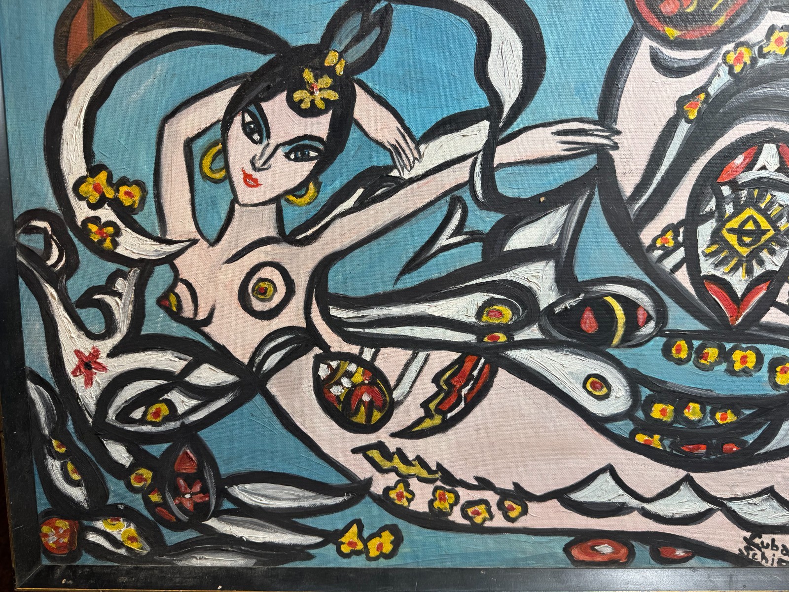 Luba Schiff Framed Figural Mermaid Painting on Canvas Signed Folk Modern 24 x 18